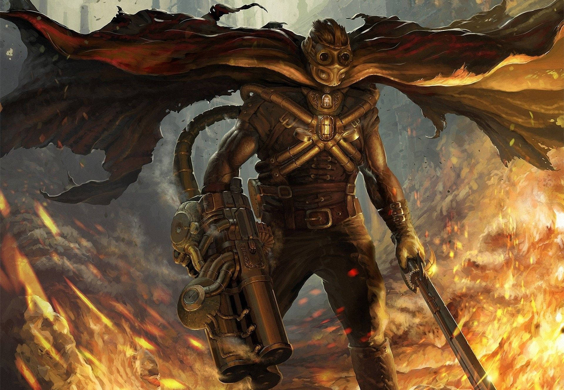 身穿盔甲和防毒面具的蒸氣龐克戰士在火熱戰場上手持武器。