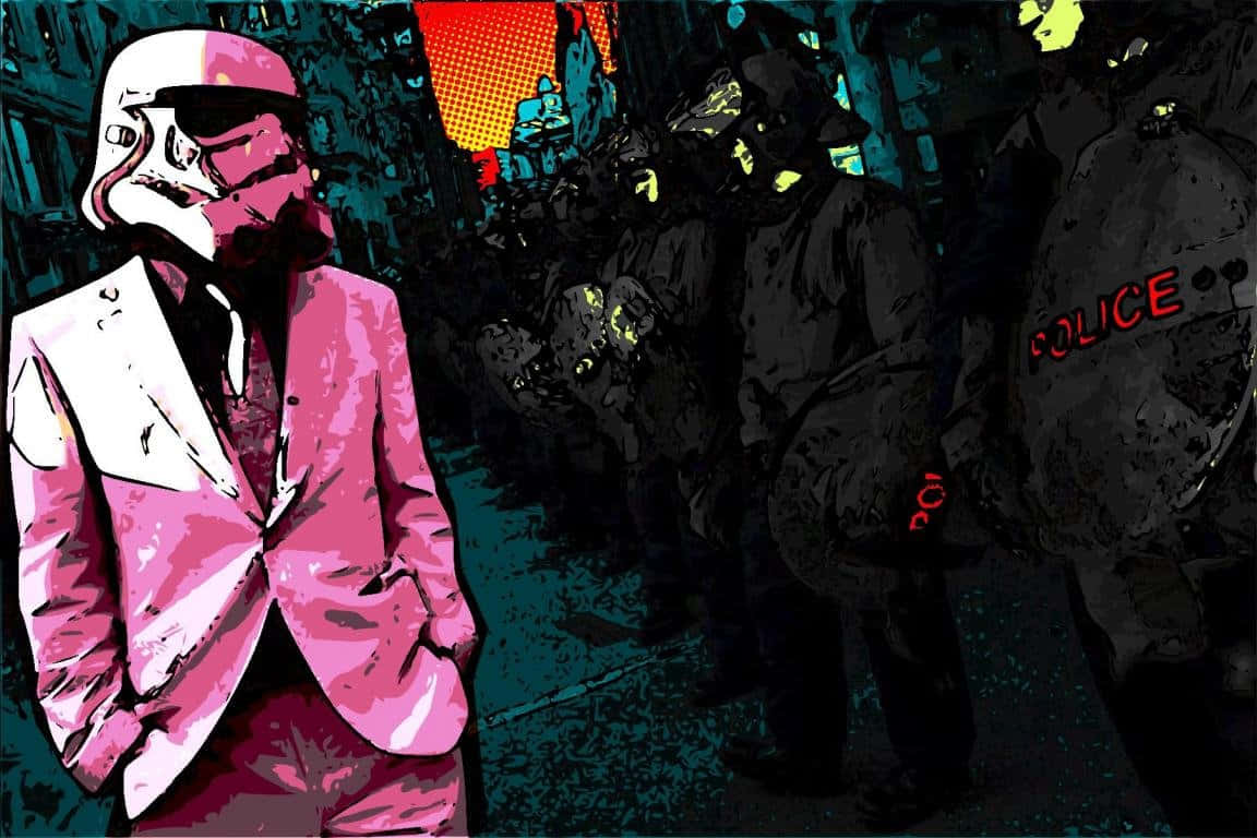 穿著粉紅色西裝的風暴兵在風格化的城市場景中面對警察。
