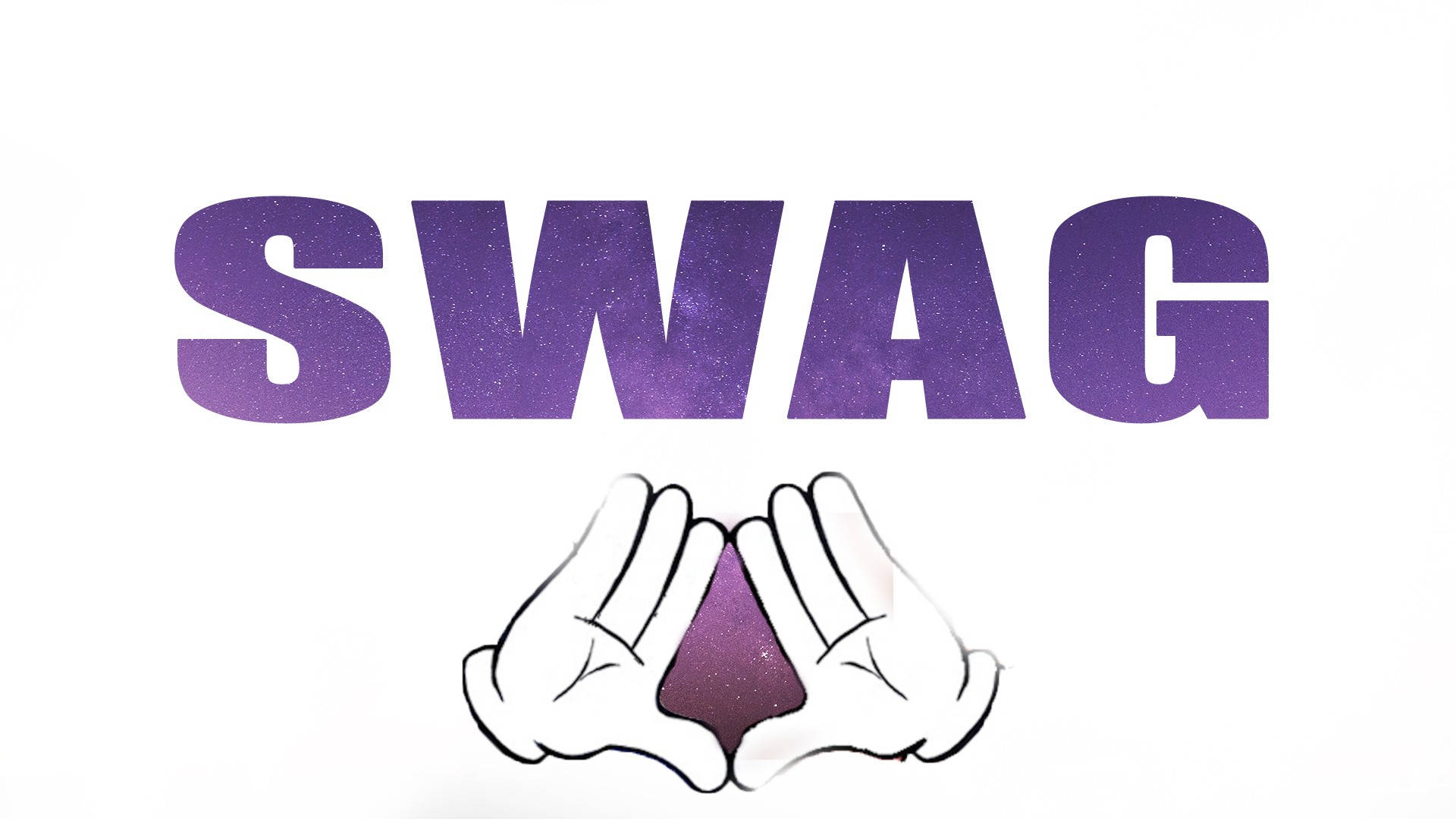 卡通手在SWAG字樣下方拿著一個紫色閃亮的心形。