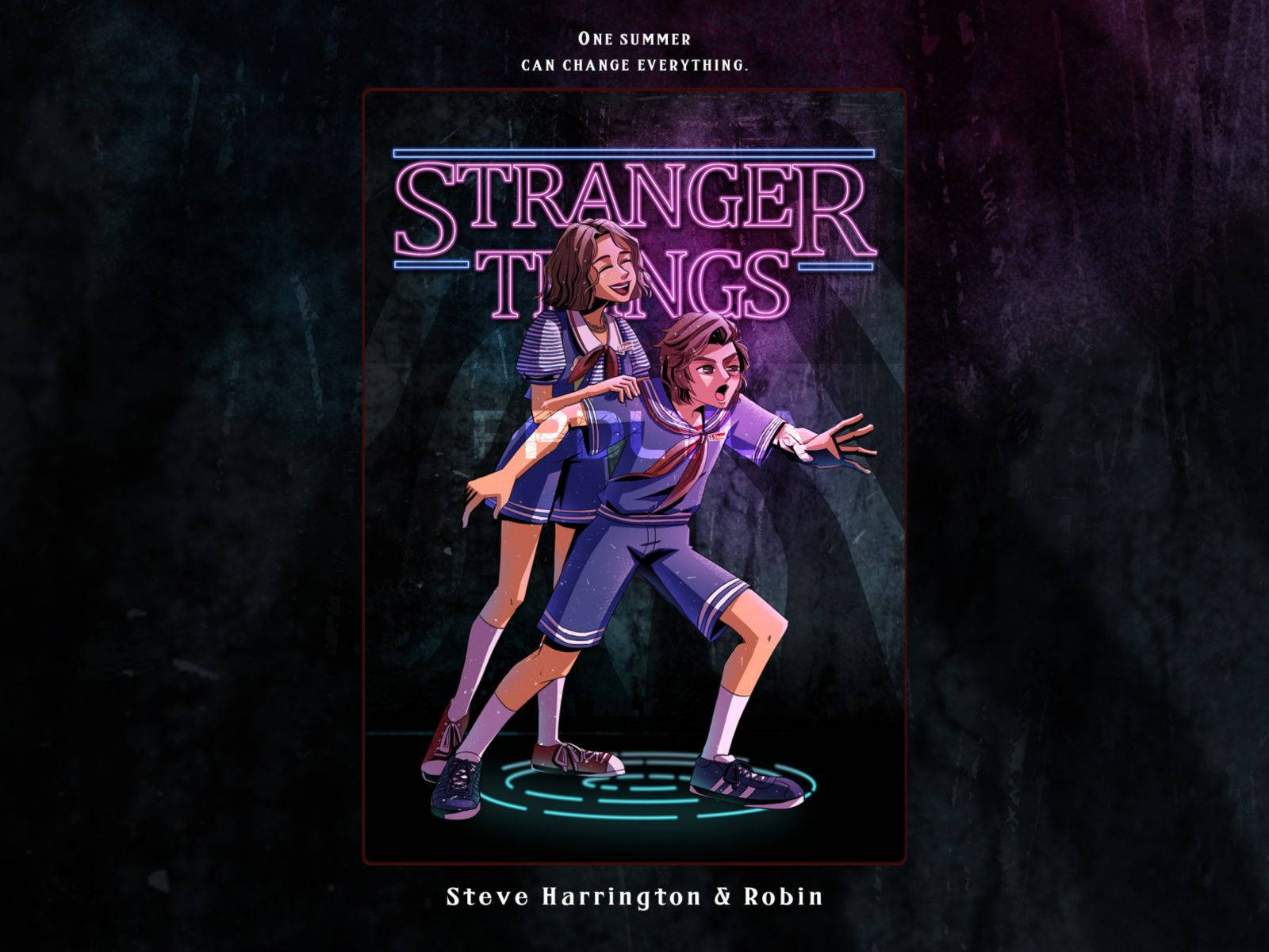 兩個動畫青少年穿著校服，站在發光圓圈內，上方有霓虹燈Stranger Things標誌。