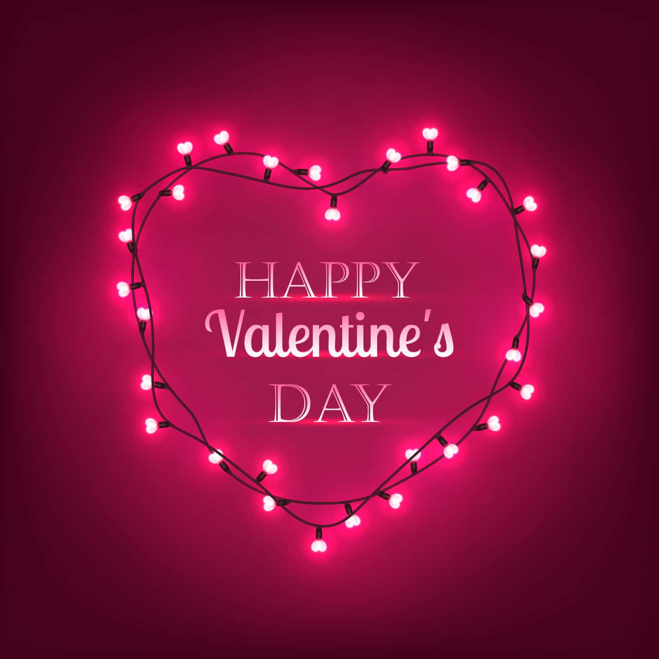 愛心形狀燈串與 'Happy Valentine's Day' 文字，粉紅色背景。