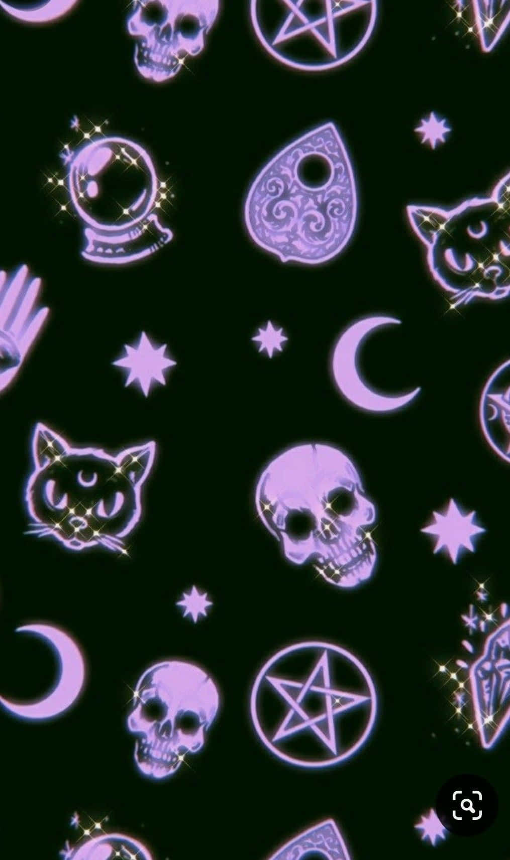 紫色發光的神秘符號和頭骨，背景黑暗，有星星和月亮。