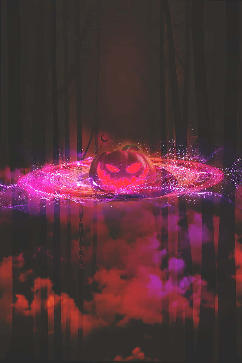 一個發光的傑克南瓜燈漂浮在黑暗的森林池塘中，粉紅色的魔法能量在它周圍旋轉。