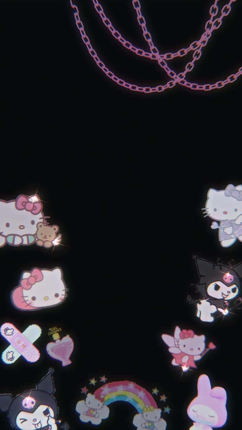 發光的Hello Kitty貼紙和粉紅色鏈條在黑暗中漂浮。