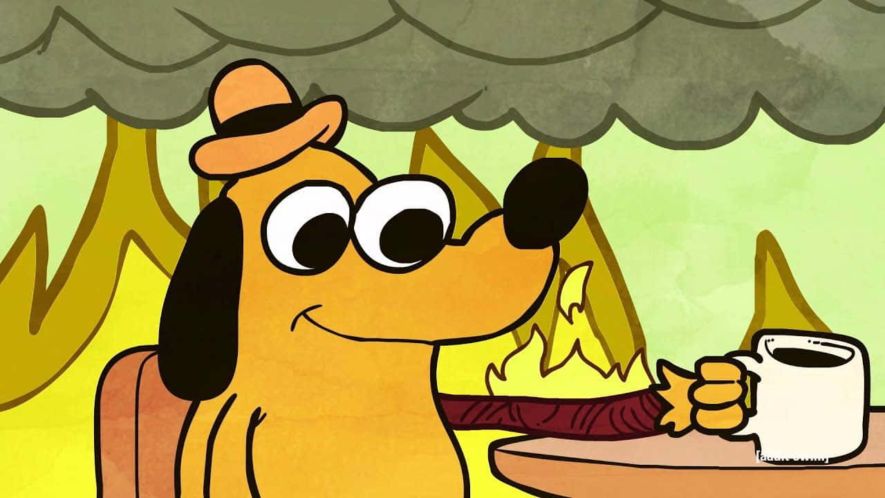 一隻戴帽子的卡通狗在帳篷下的營火旁拿著杯子微笑。