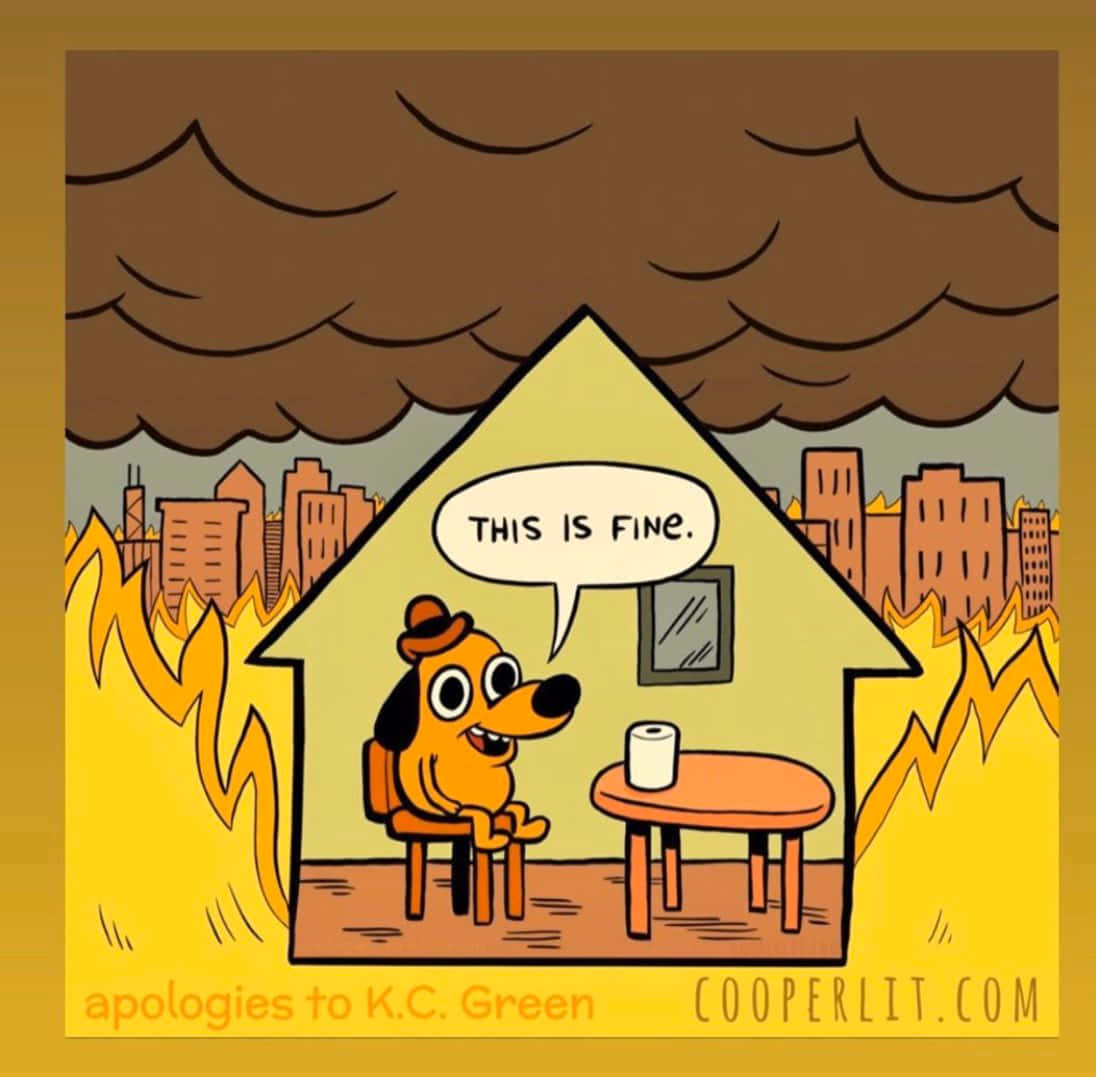 一隻卡通狗冷靜地坐在著火的房子裡說著「this is fine」。