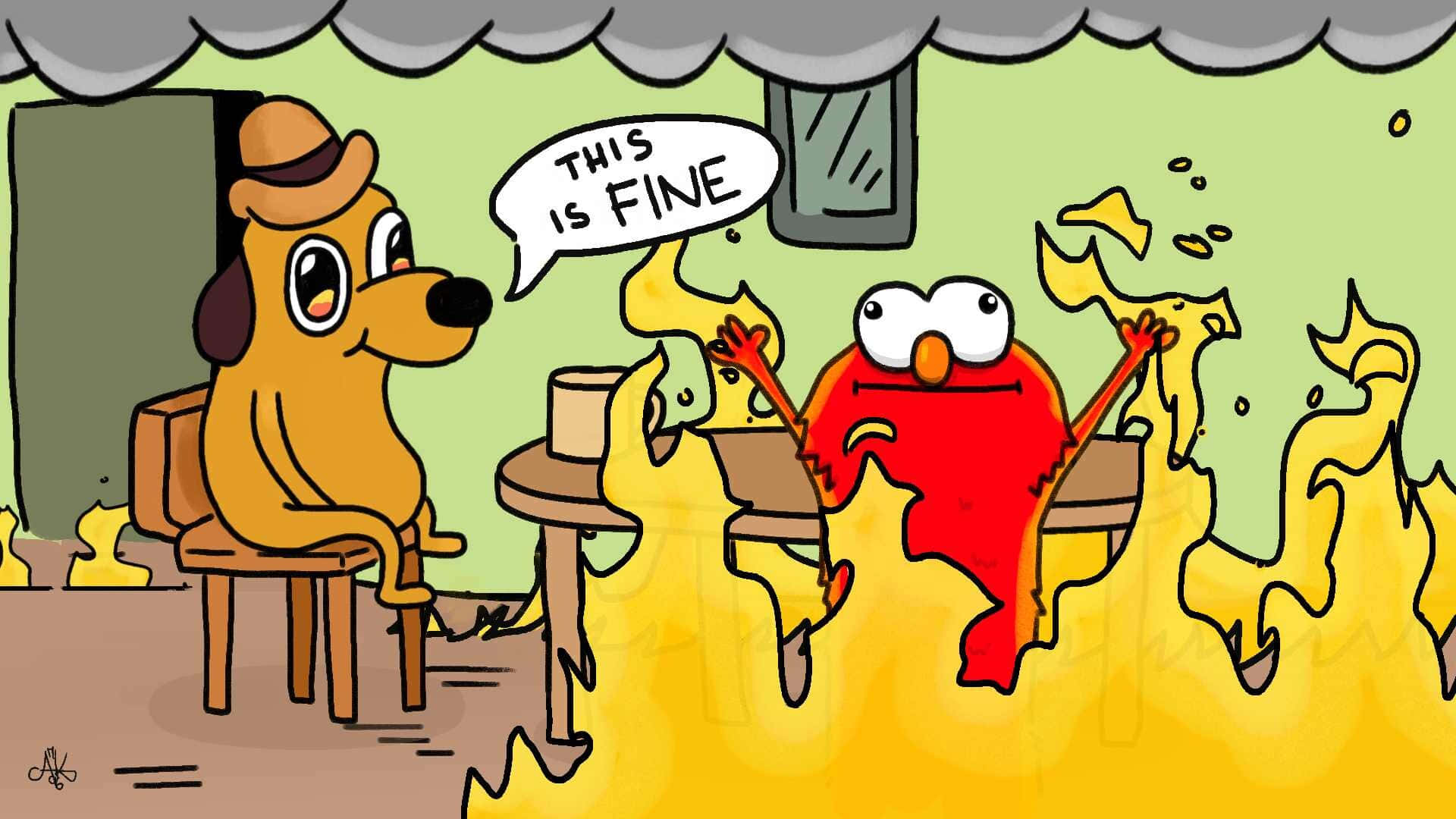 一隻狗冷靜地坐著，而一個紅色角色在火焰中燃燒，並說『THIS IS FINE』。