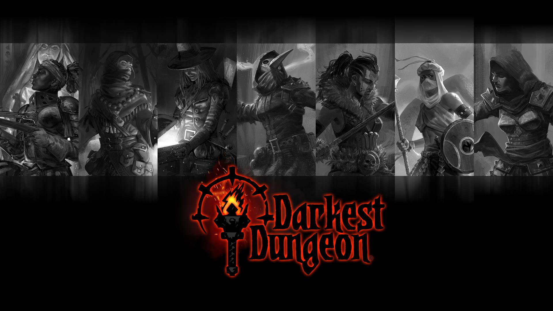 七個陰沉的冒險者穿著暗色盔甲，站在發光的紅色Darkest Dungeon標誌上方。
