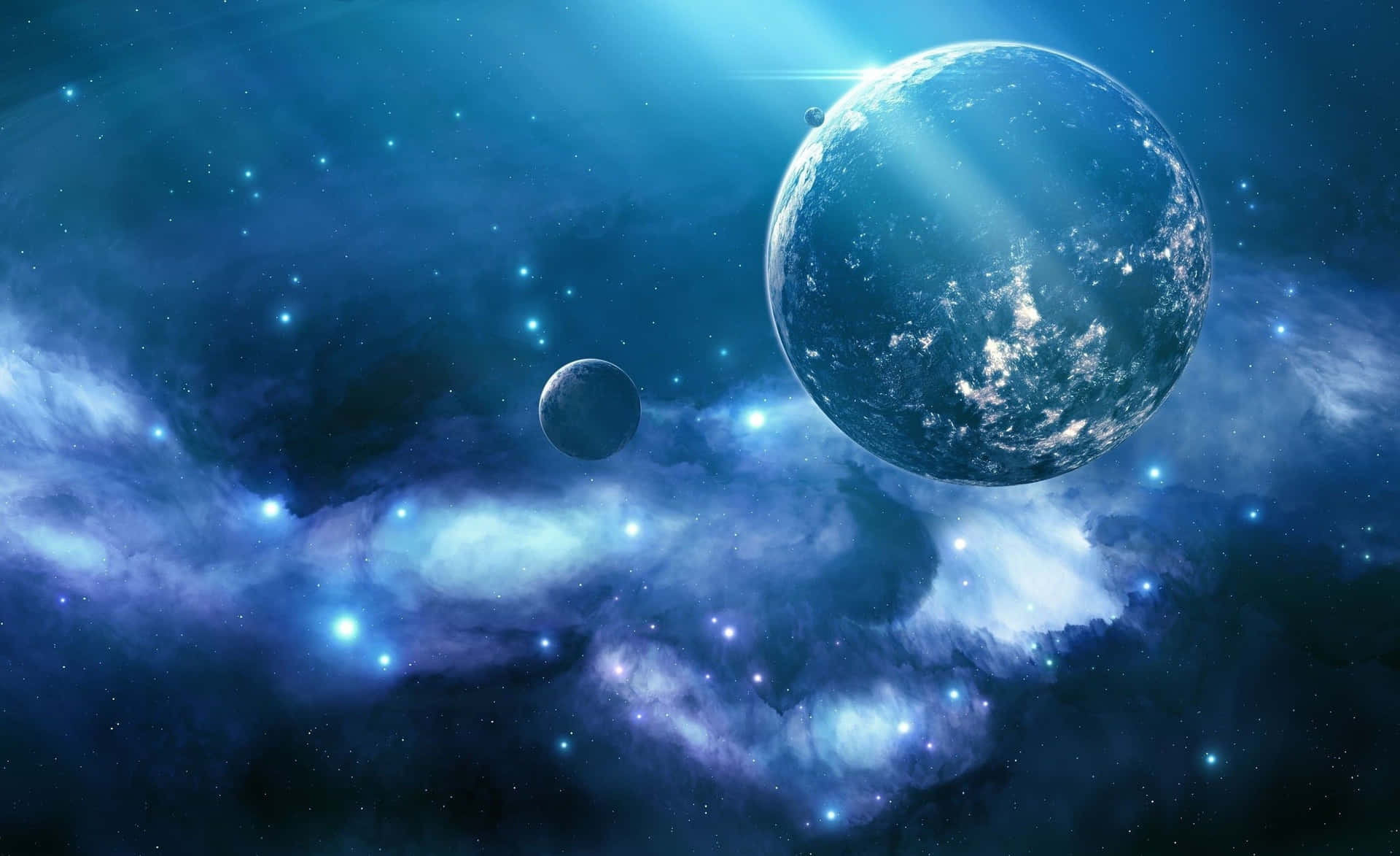 一顆藍色行星和衛星漂浮在一個充滿星星、發光的宇宙星雲中。