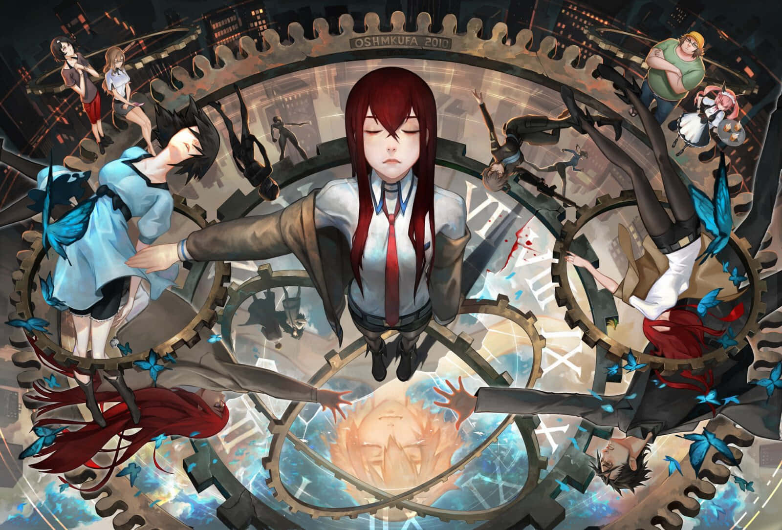 「這是你的人生，跟隨Steins Gate」 壁紙 — 一位紅髮的中央動漫女孩漂浮在巨大的時鐘齒輪之間，被其他角色包圍在超現實的機械場景中。