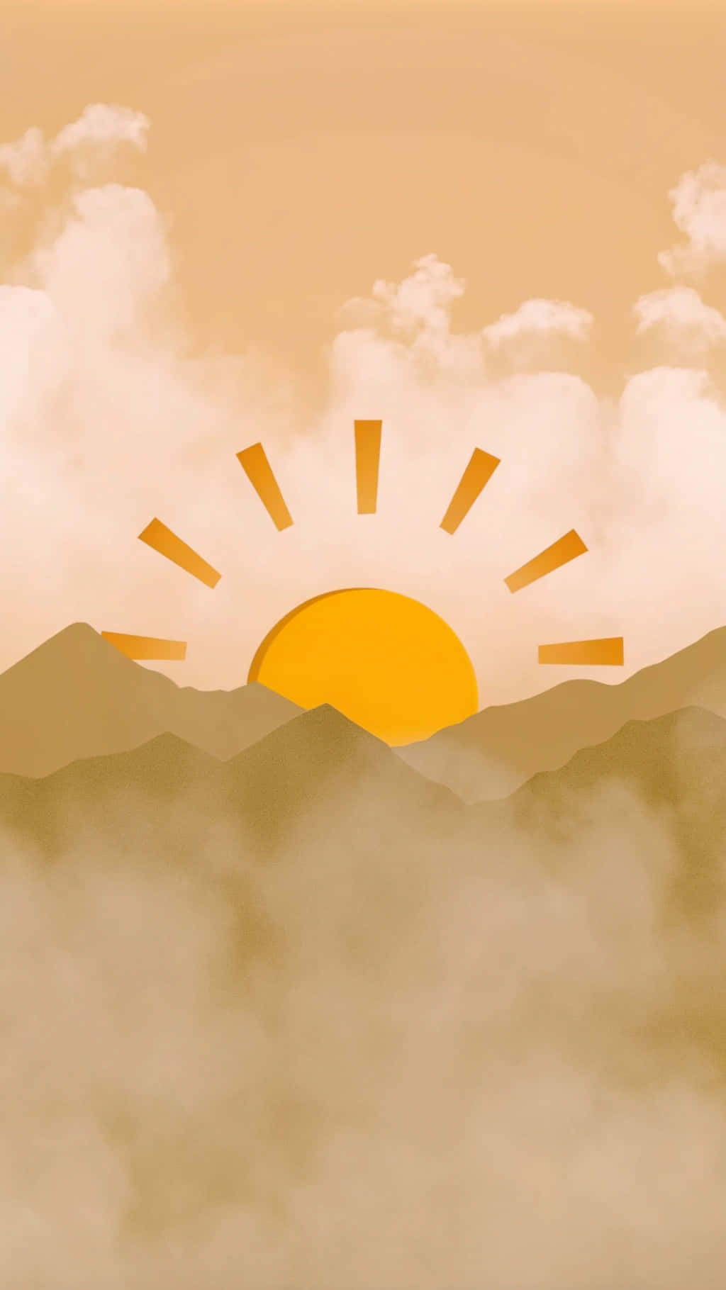 這是太陽 壁紙 — 一個風格化的金色太陽在層疊的山脈剪影後方，透過柔和的米色雲層升起。