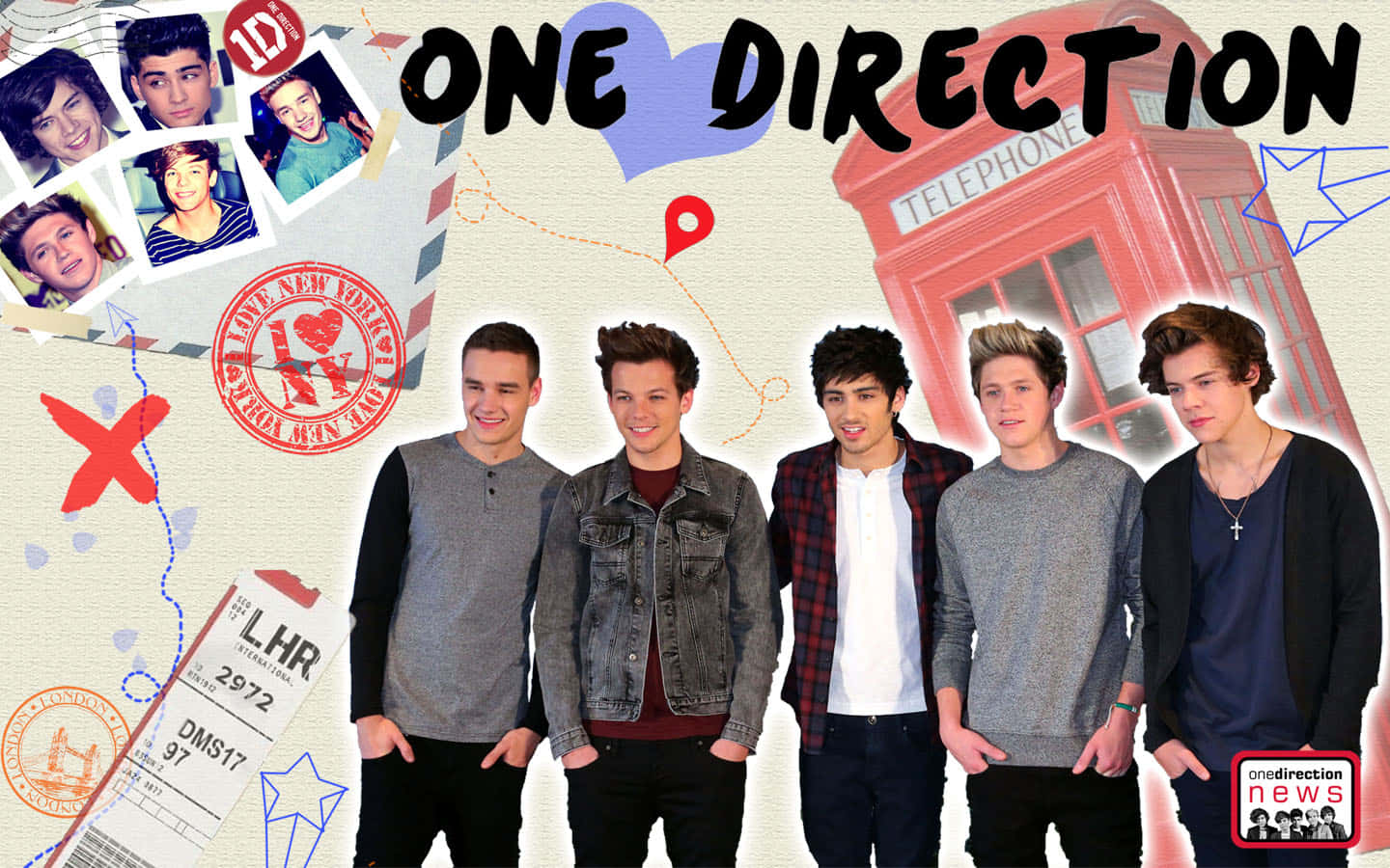 One Direction 樂隊成員與旅行主題拼貼元素合影。
