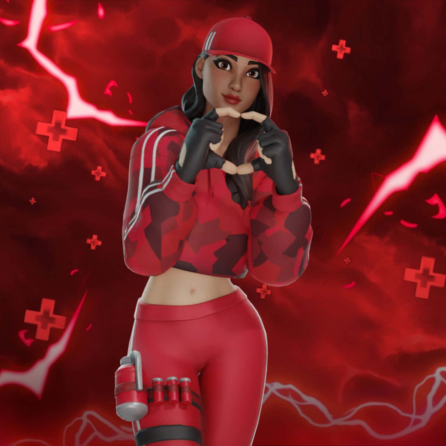 這款Ruby《Fortnite》造型獨一無二且時尚 壁紙 — 一位身穿紅色迷彩服的女玩家在充滿紅色閃電的鮮豔背景前用手指比出心形。
