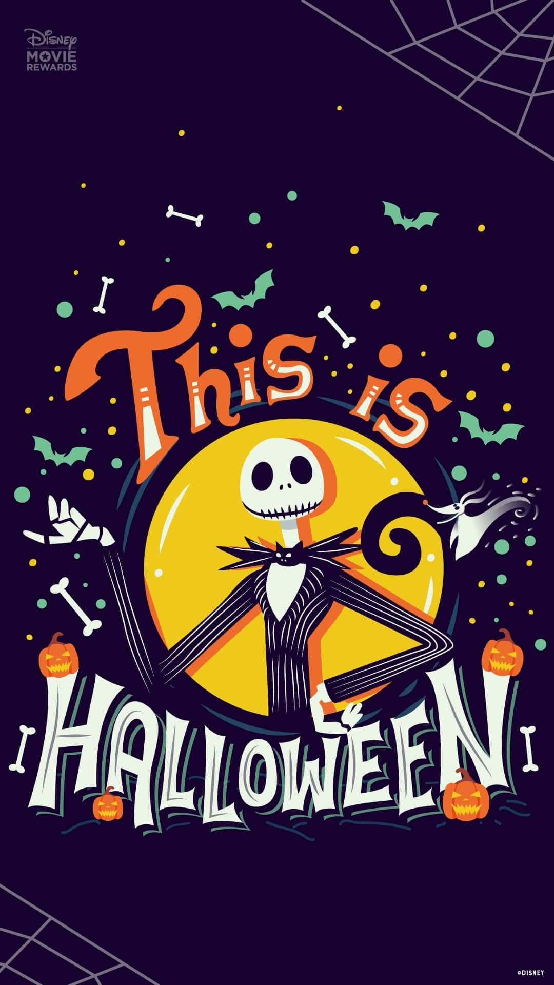 Jack Skellington 在深紫色背景下愉快地擺出萬聖節裝飾的姿勢。