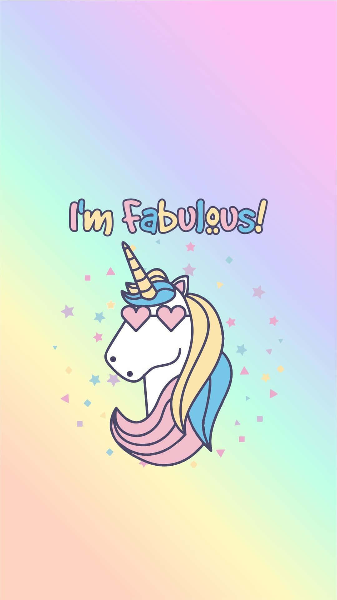 一隻戴著心形眼鏡微笑的獨角獸，配彩虹背景和文字 I'm Fabulous