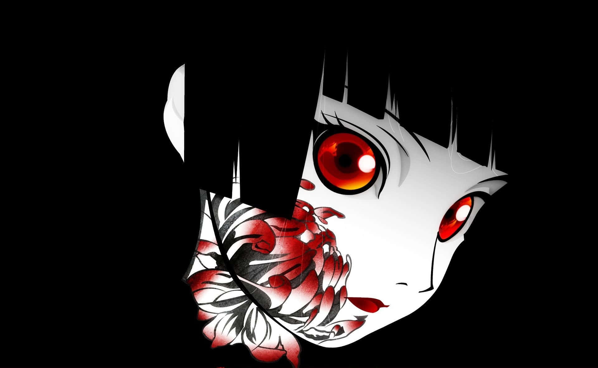 黑色背景上紅眼花卉臉部設計的動漫女孩