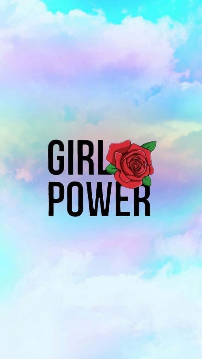 粉彩天空上的紅玫瑰與女孩力量標語