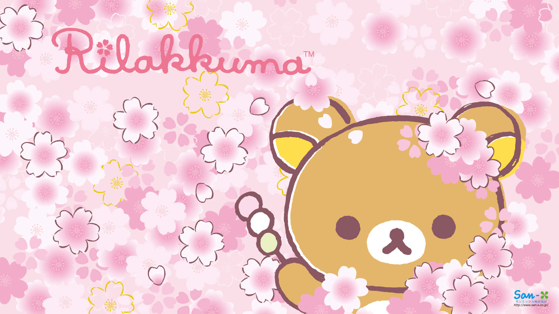 「這隻可愛Kawaii貓正溫柔地望向你」 壁紙 — 一隻可愛的棕色熊角色在柔和的粉紅色背景上，透過粉紅色的櫻花窺視，並帶有Rilakkuma的名字。
