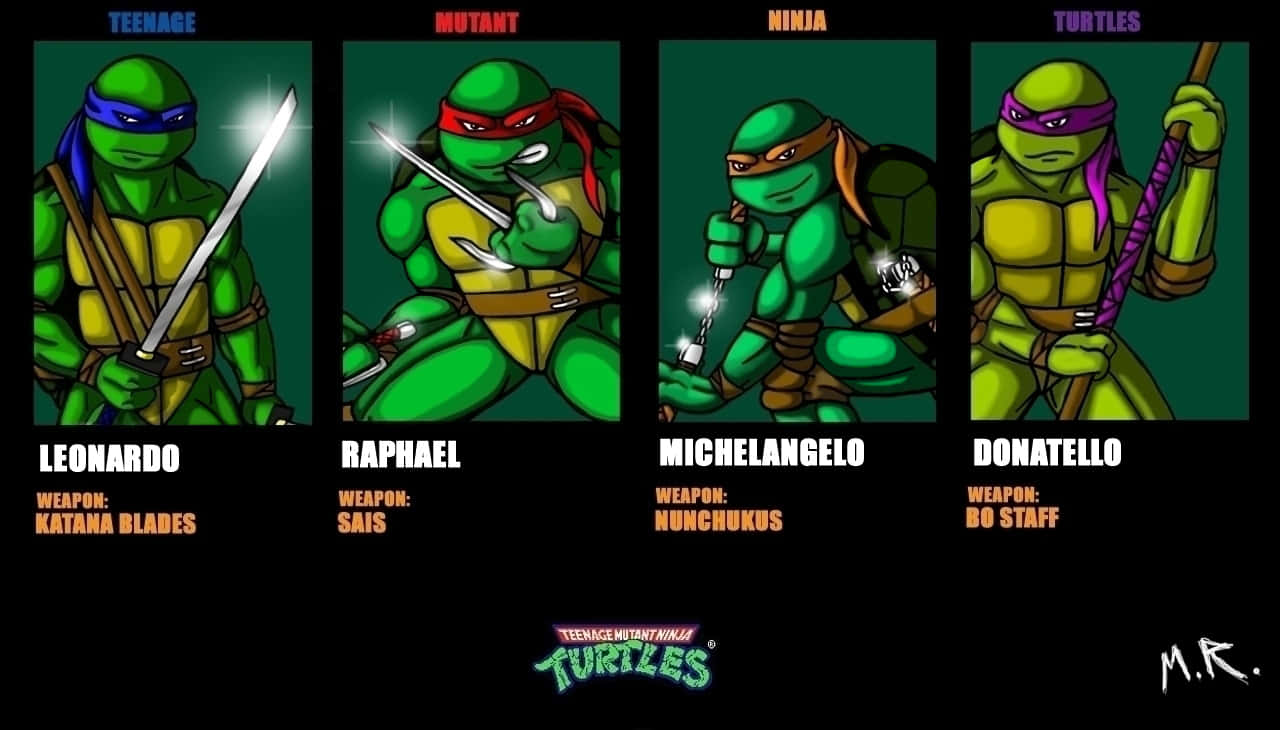 四隻忍者龜（Teenage Mutant Ninja Turtles）各自手持標誌性武器，下方有名字和武器類型。