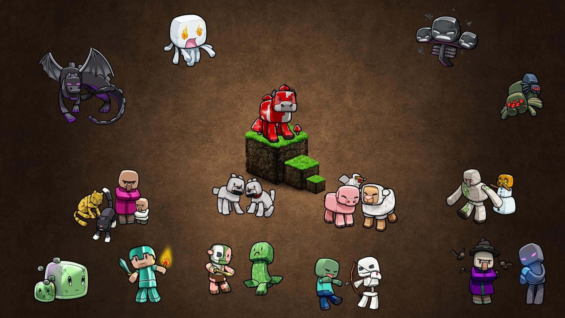 Minecraft像素角色和怪物在有趣的聚集場景中。