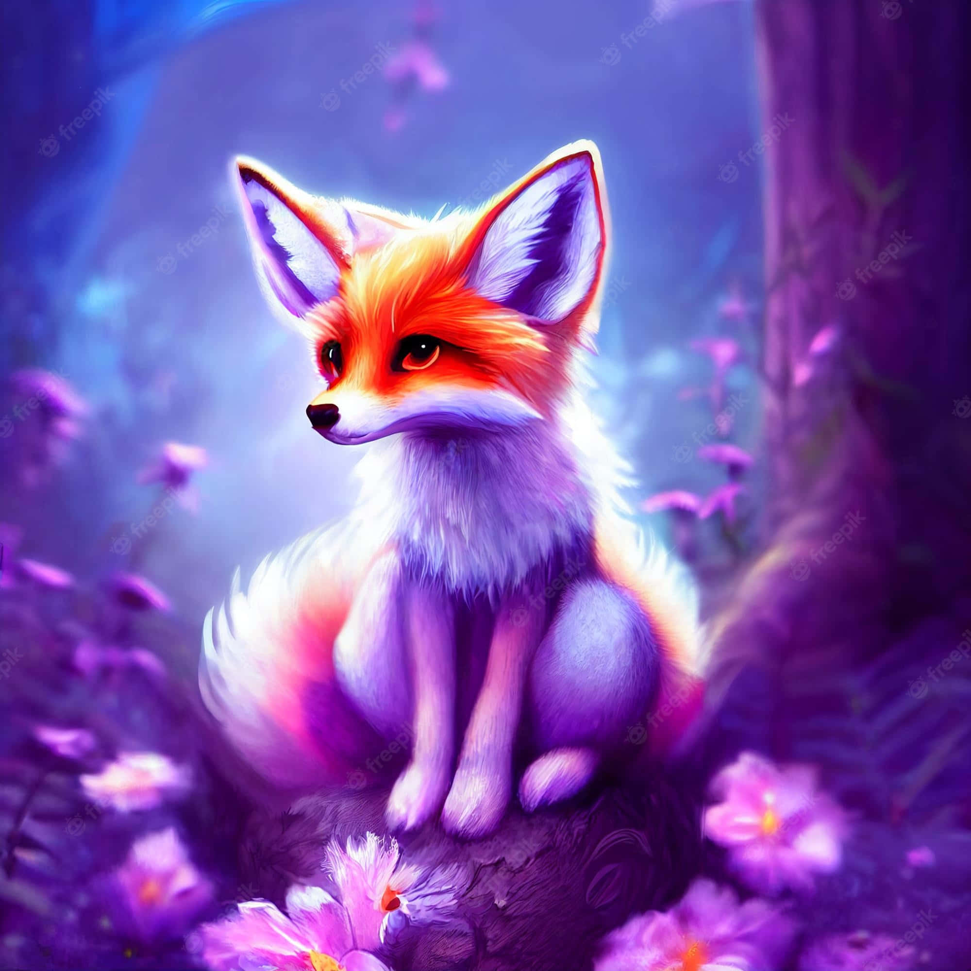 這隻可愛的狐狸，再次提醒我們地球的無限美好 壁紙 — 一隻發光的狐狸，擁有火橙色毛皮，寧靜地坐在發光的紫色花朵中，身處一個沐浴在柔和藍光中的神秘森林。