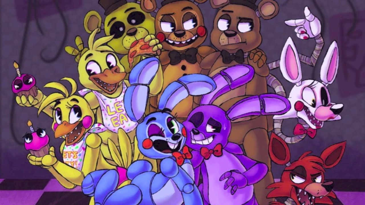 這隻可愛的狐狸正在尋找冒險 壁紙 — 一群來自《Five Nights at Freddy's》的電子動畫角色在昏暗的房間裡與杯子蛋糕和薄餅一起擺姿勢。