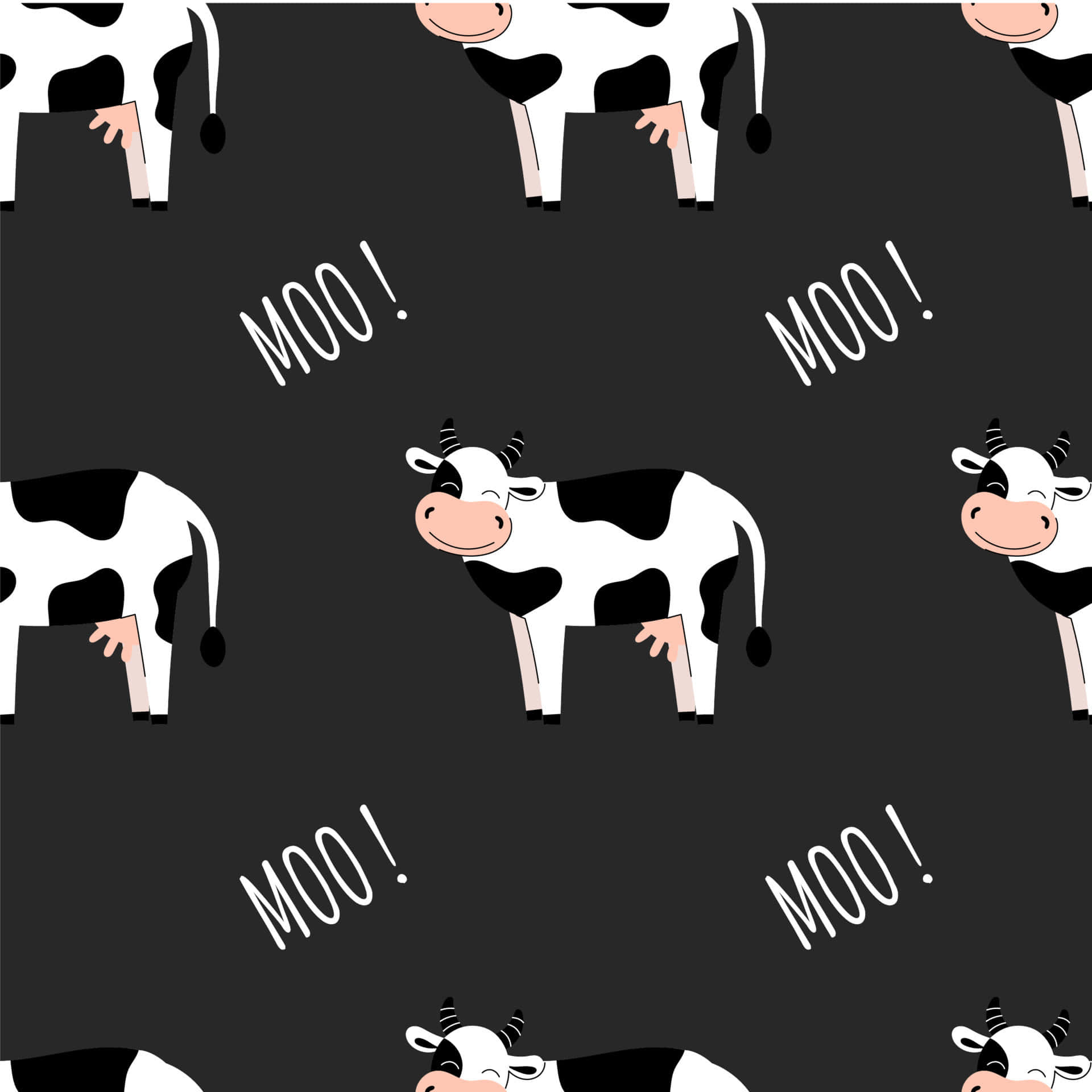 黑白卡通牛，粉紅色鼻子和「MOO！」文字，灰色背景。