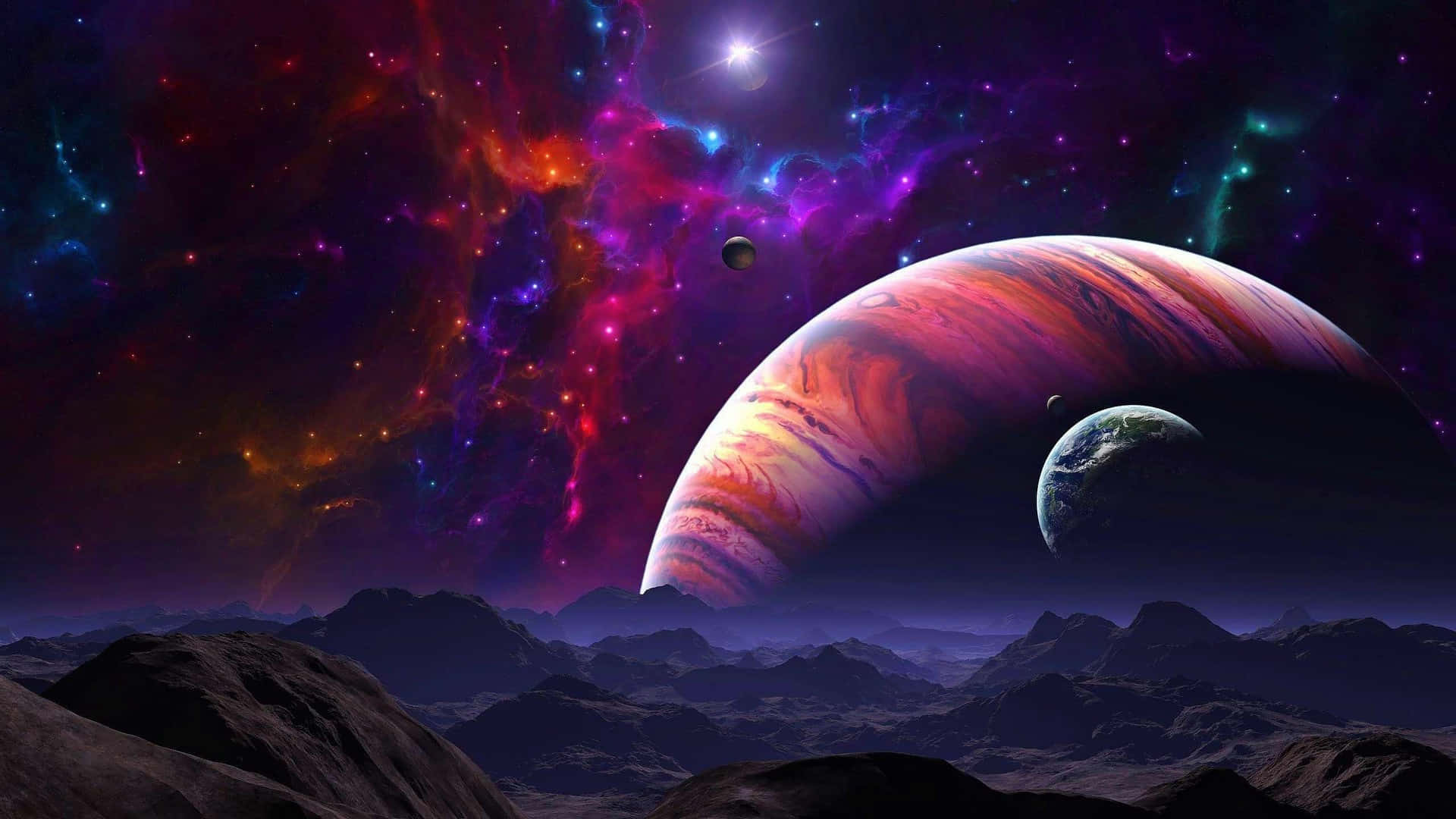 外星山脈仰望巨大行星和地球般的衛星，背景是色彩繽紛的星雲。