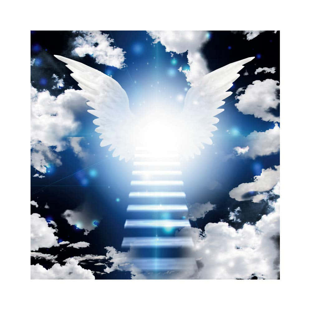 白翼天使穿過星空夜空登上發光樓梯。