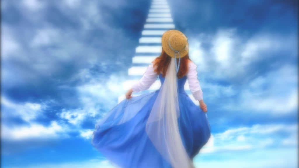 穿藍色連衣裙的女性爬發光樓梯上天空