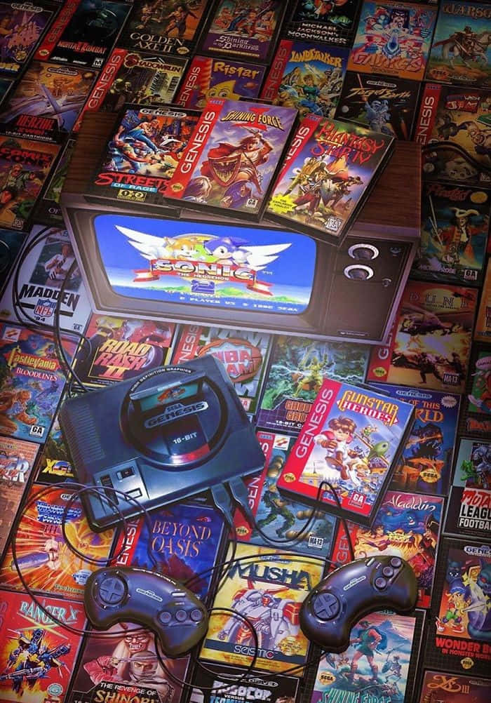 圍繞著顯示《超音鼠 2》的 CRT 電視的復古 Sega Genesis 主機和遊戲。