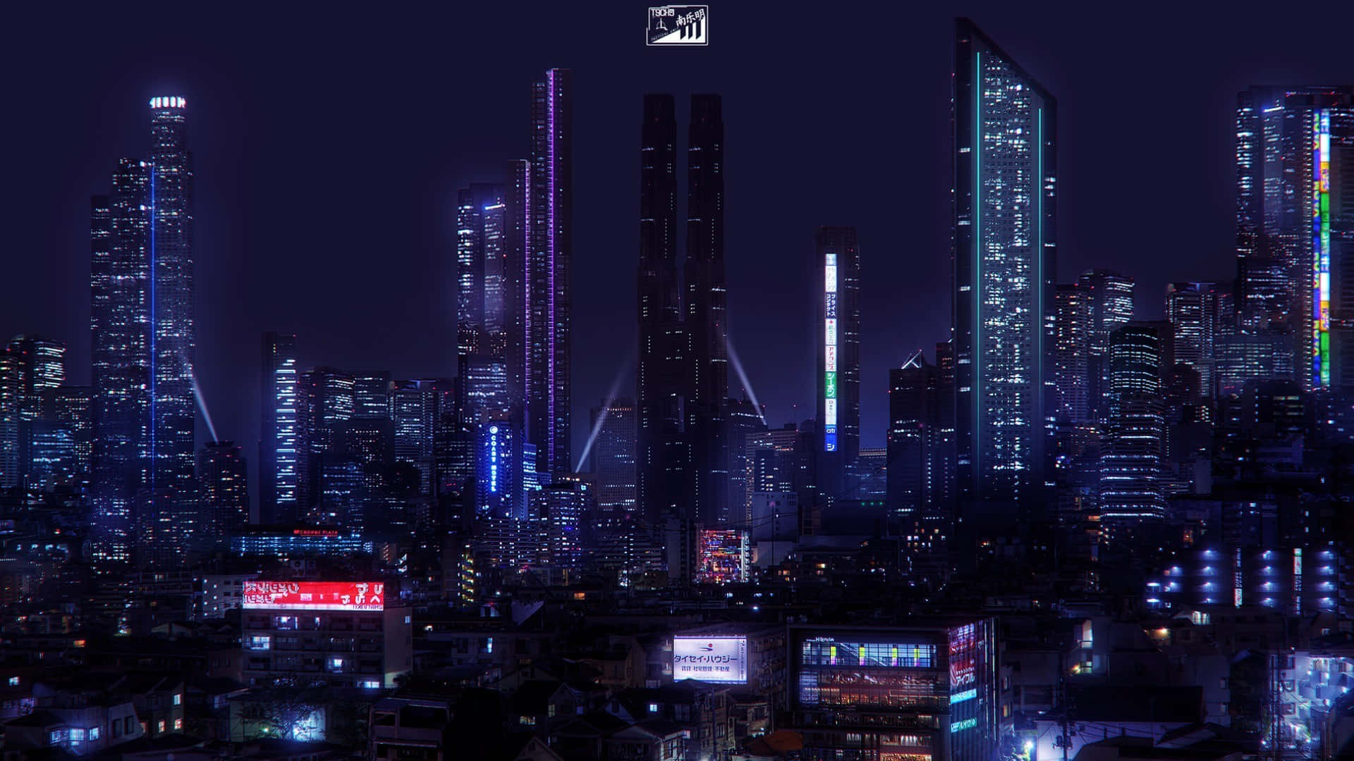 未來城市夜景，閃爍的摩天大樓和霓虹燈光。