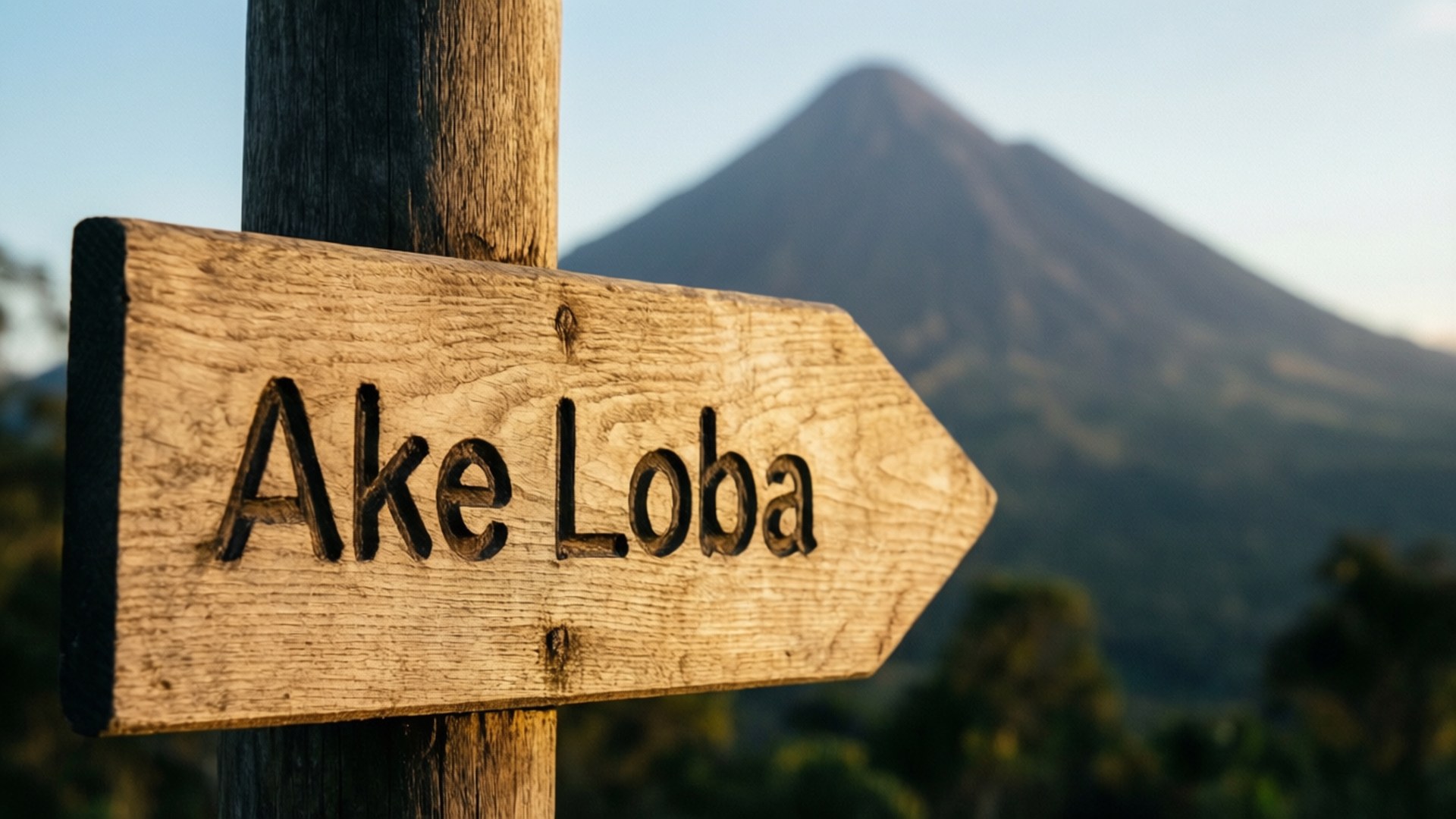木製方向牌寫著Ake Loba，背景是日落時分的山脈。