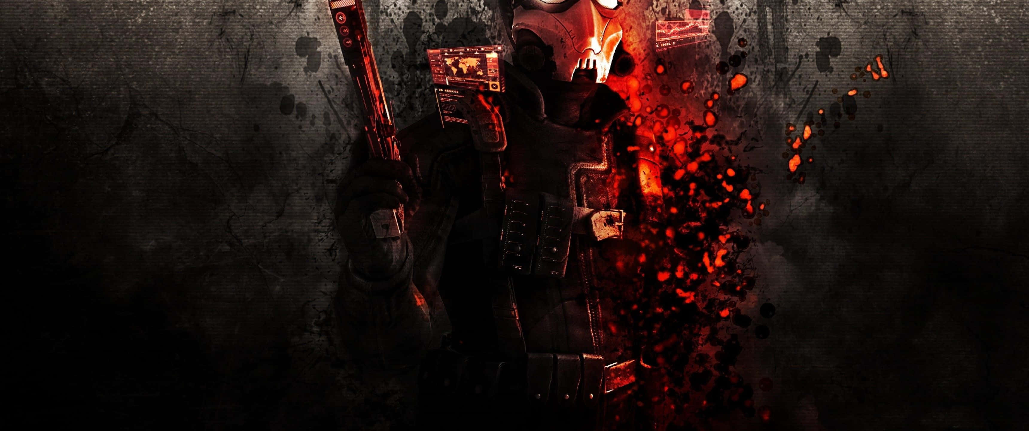 《通緝：命運之武器》遊戲中的驚心對決 壁紙 — 一名戴著面具的士兵身穿黑色裝備，手持武器，紅色能量從他的胸口爆發，背景是粗糙的紋理牆壁。