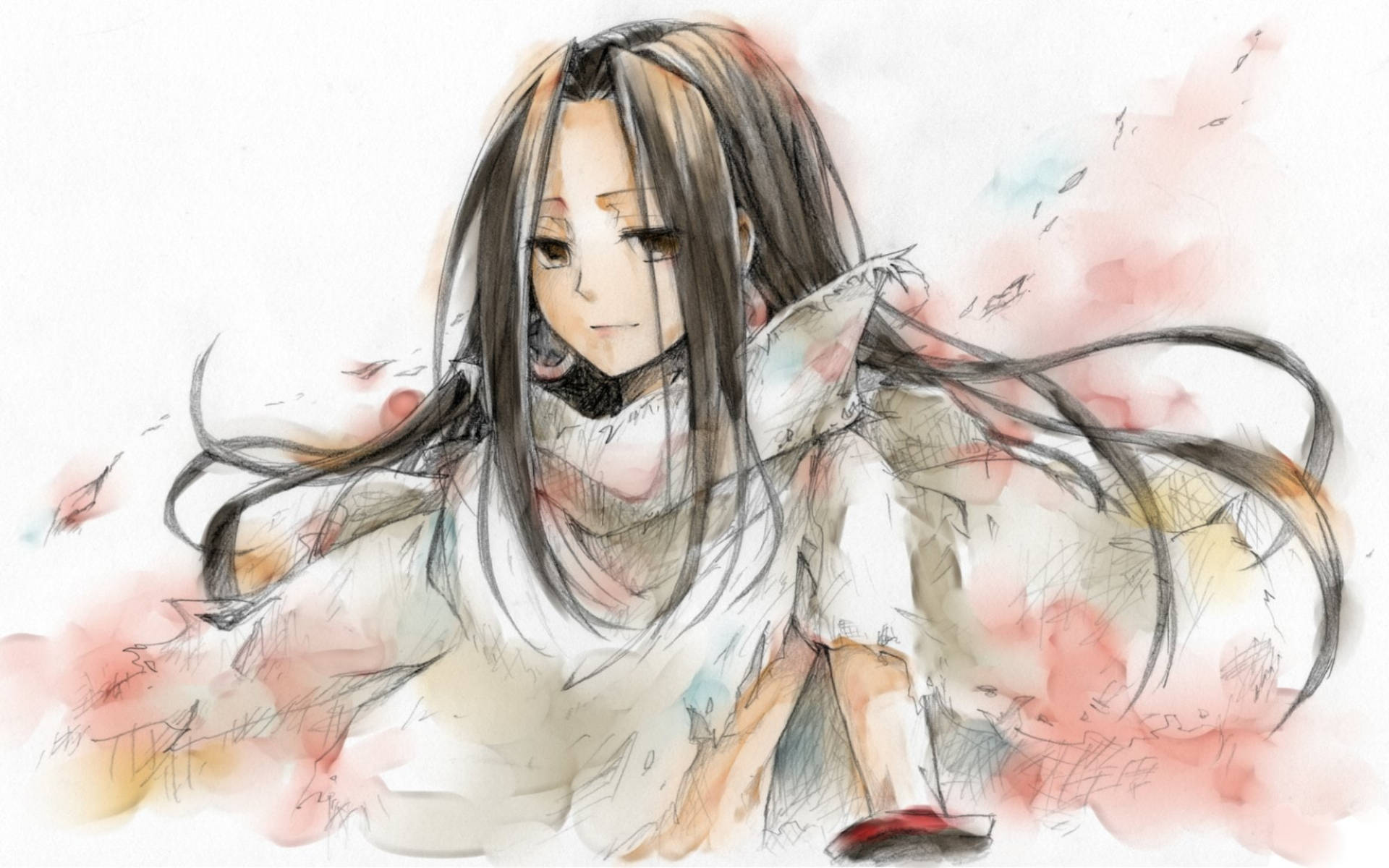 《通靈王》豪水彩藝術作品 壁紙 — 一個水彩動畫女孩，長長的黑髮和白色服裝，站在旋轉的粉紅色和橙色花瓣中。