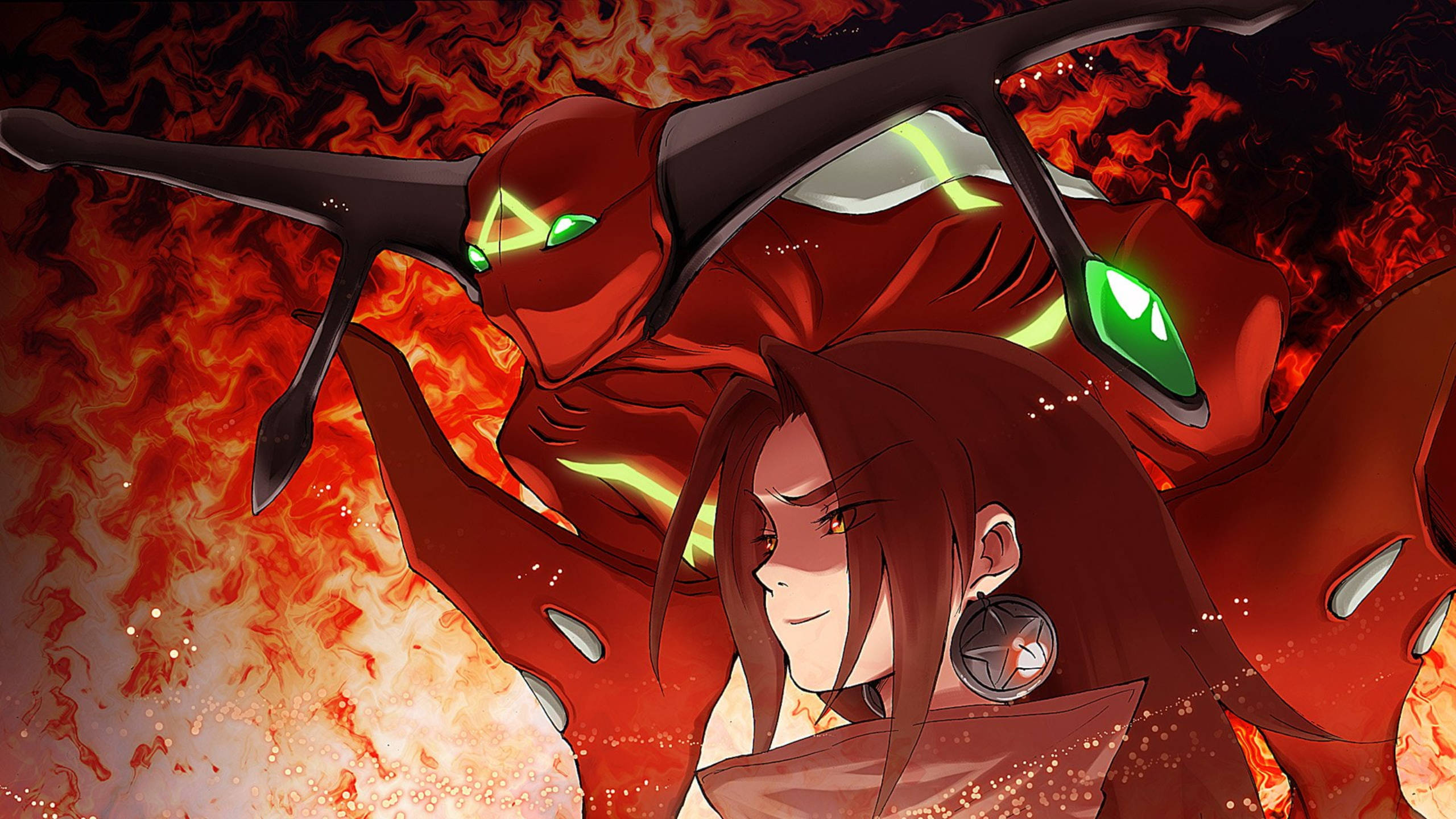 《通靈王》豪與火之靈 壁紙 — 一個紅髮動漫女孩帶著自信的笑容，站在一個有著發光綠色眼睛的火紅色機械生物面前。