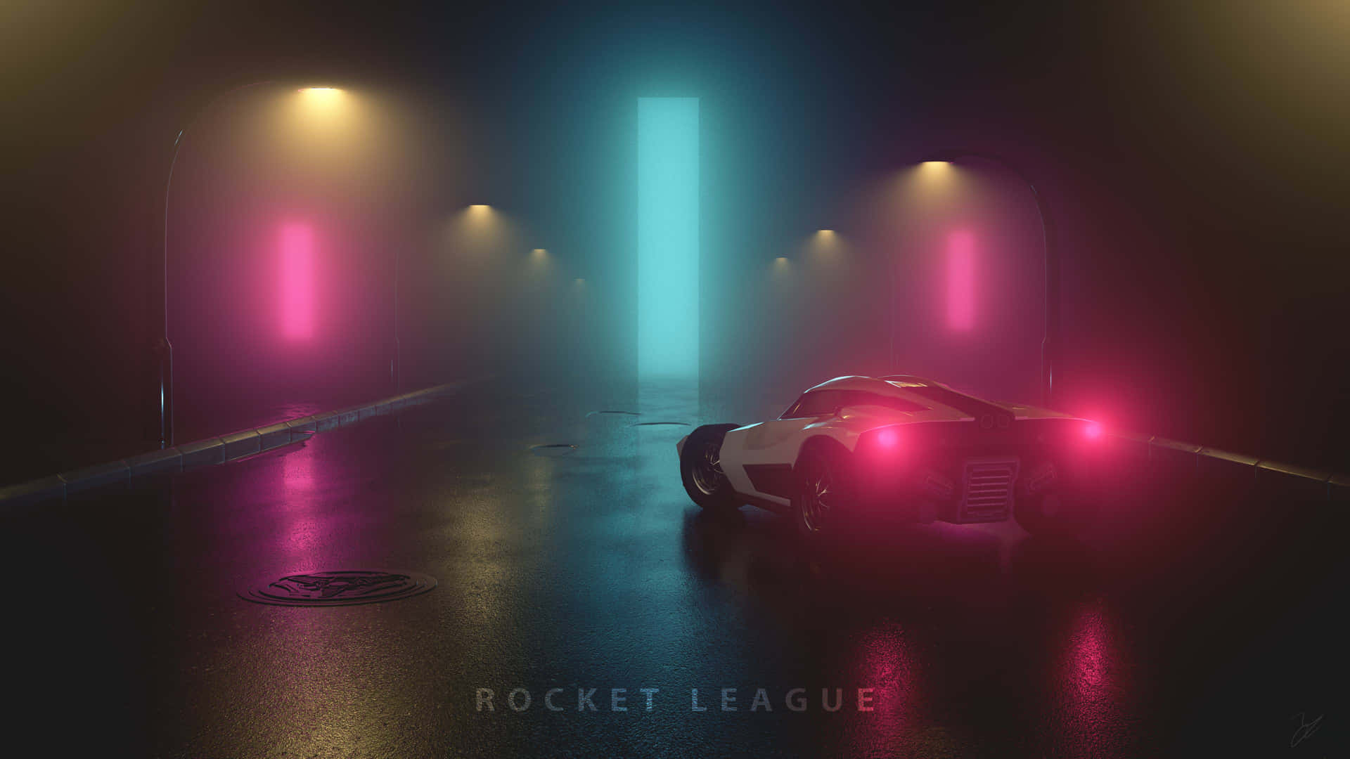 速度、力量與精準度的碰撞——《Rocket League》 壁紙 — 一架流線型白色跑車，帶有發光的紅色尾燈，停在濕漉漉的霓虹燈街道上，下方是一個發光的青色傳送門。