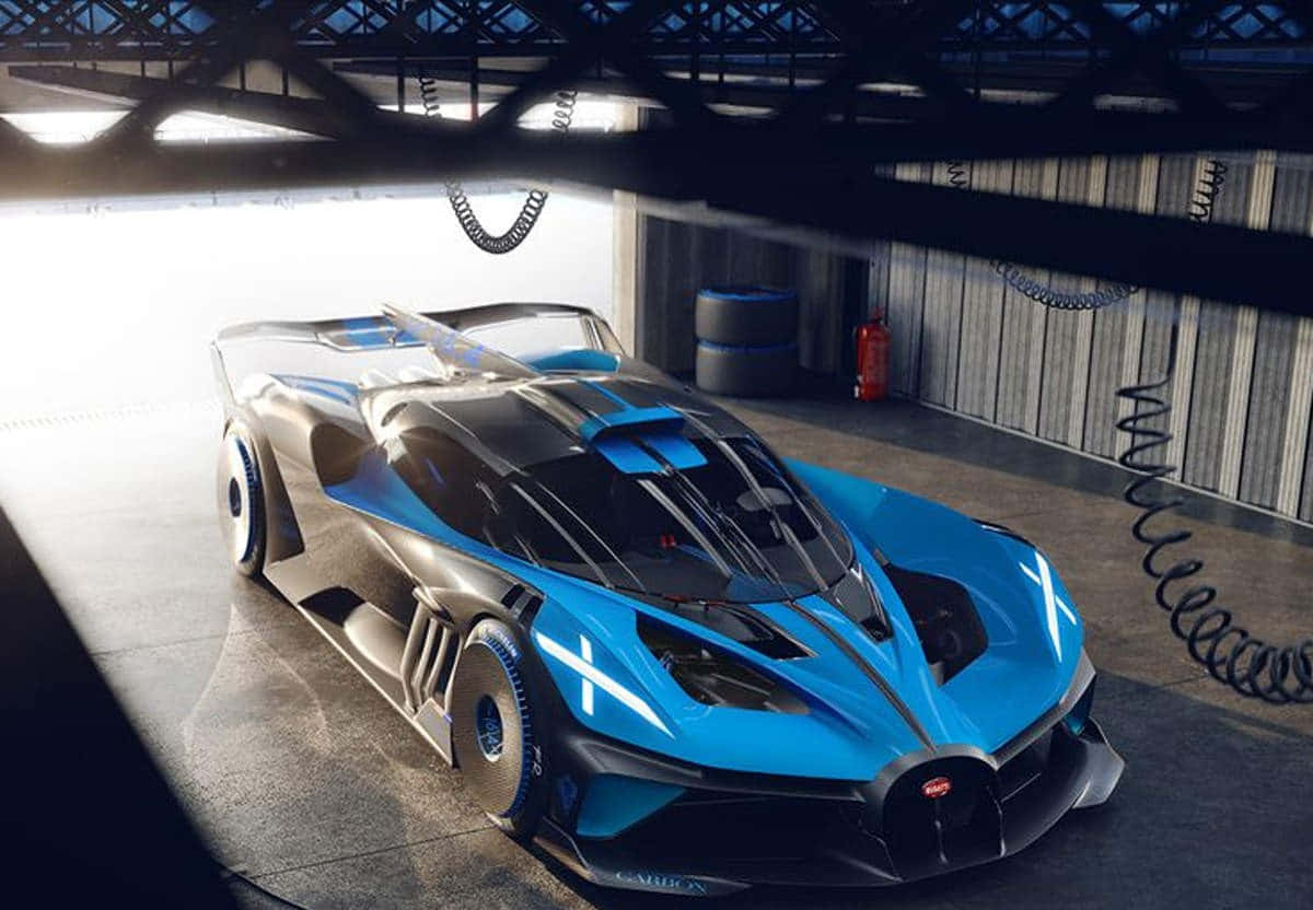 未來主義的藍黑 Bugatti 概念車，位於高科技車庫。