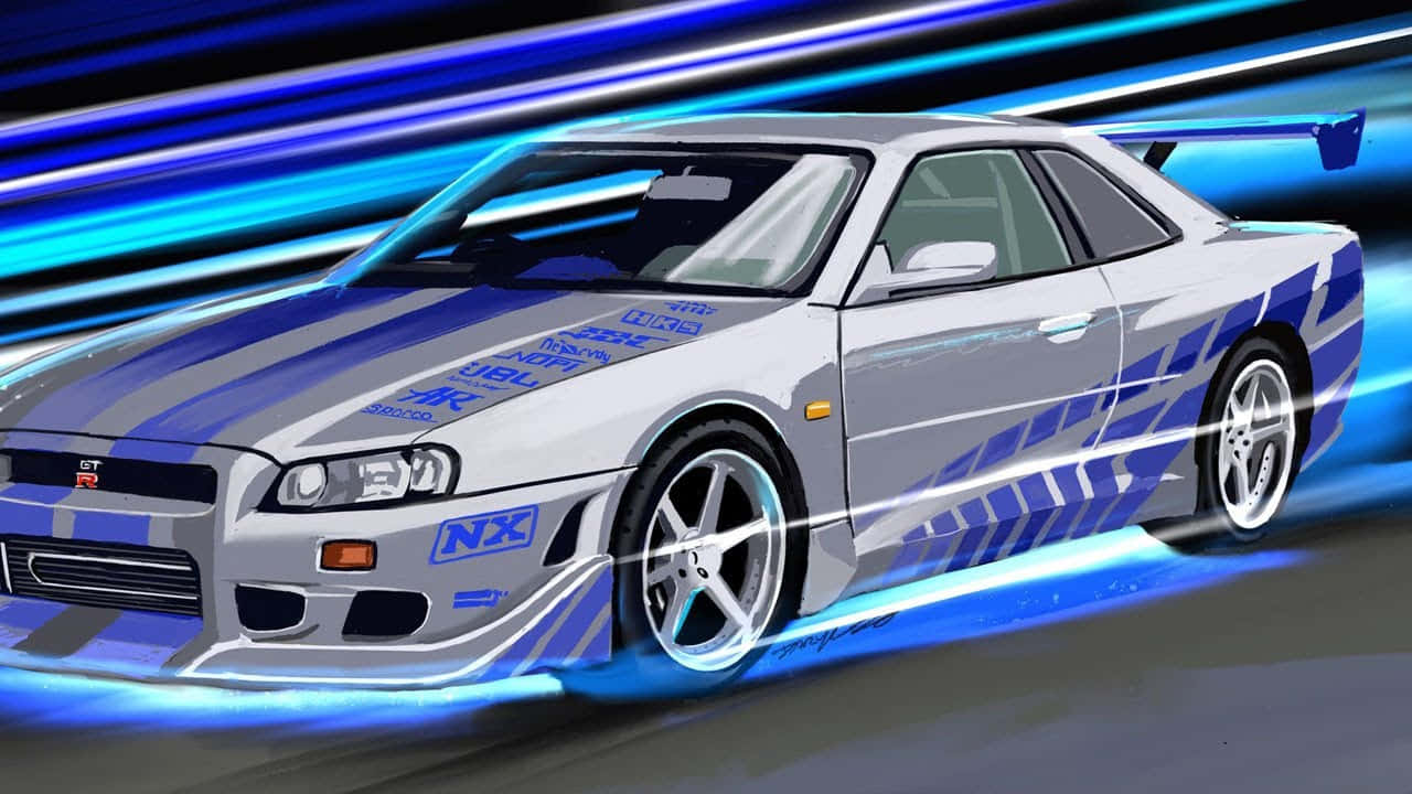 銀色日產Skyline GT-R帶藍色賽車條紋，動態模糊中疾馳。