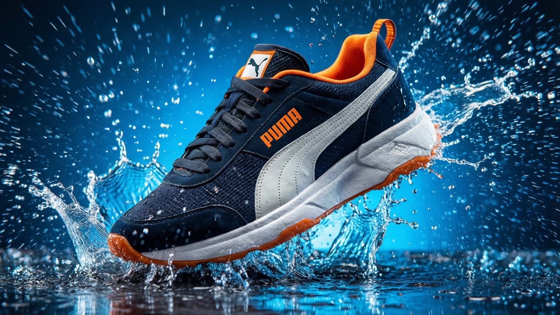 速度水花 壁紙 — 一雙海軍藍和橙色的Puma運動鞋在充滿活力的藍色水中濺起水花，動態的水滴凝固在運動中。