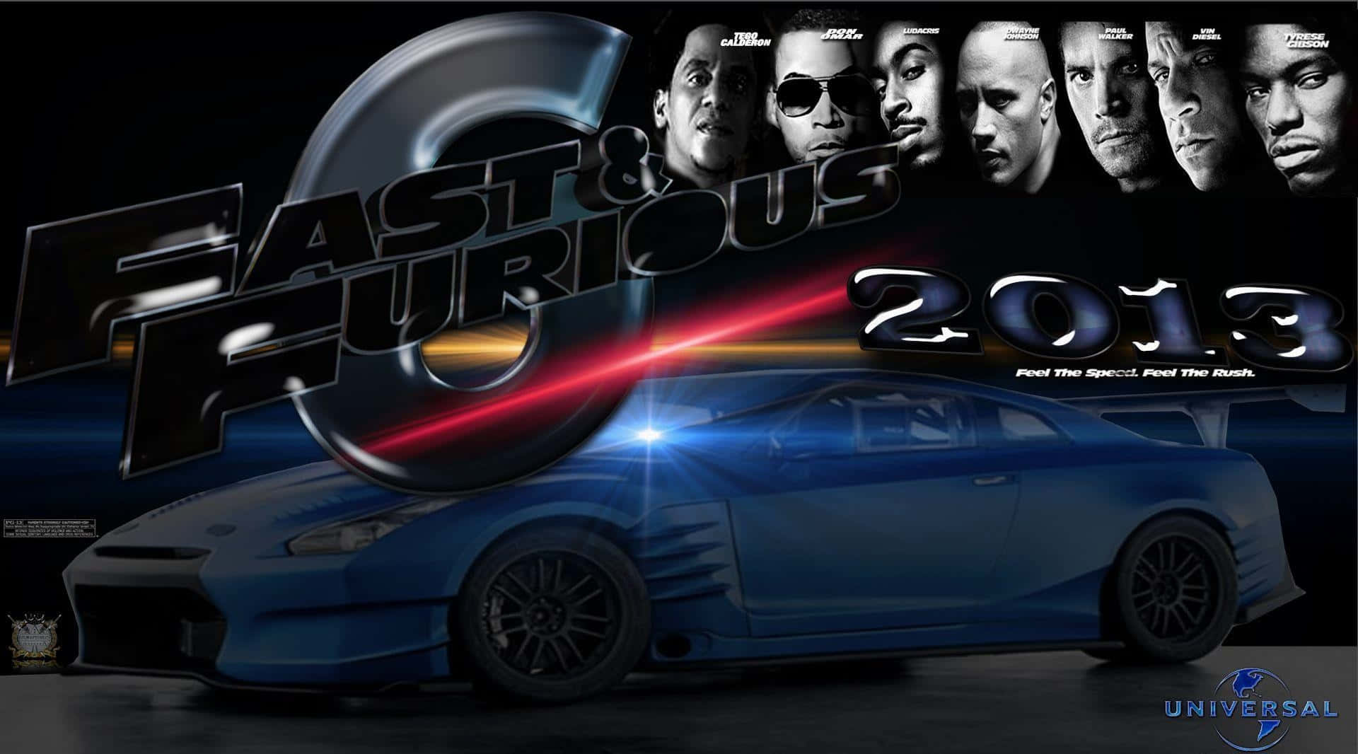 藍色跑車，帶有Furious 7演員和標題文字，在黑暗的電影場景中。