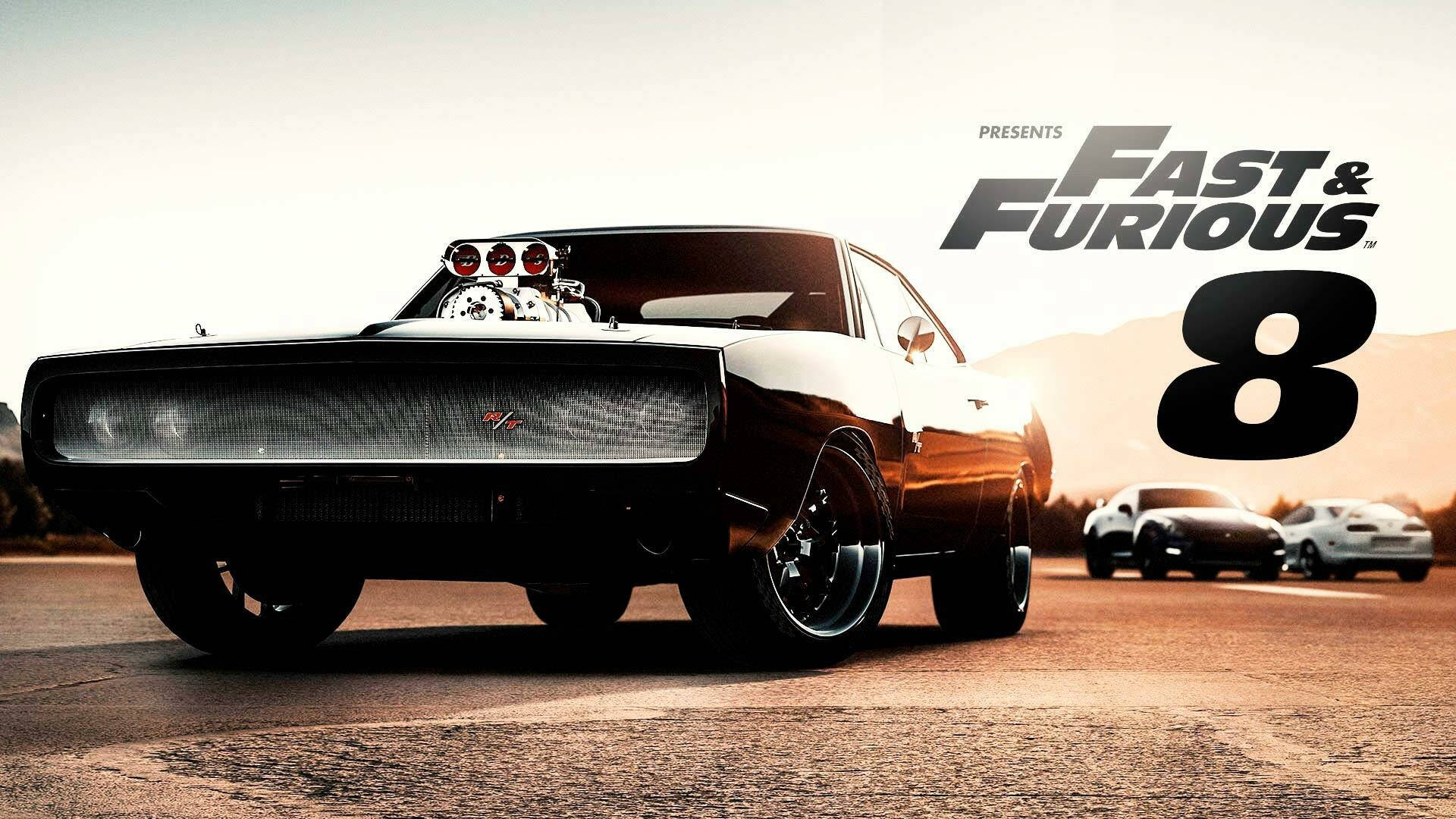 黑色肌肉車配增壓器在沙漠公路日落時分，帶有Fast & Furious 8標誌