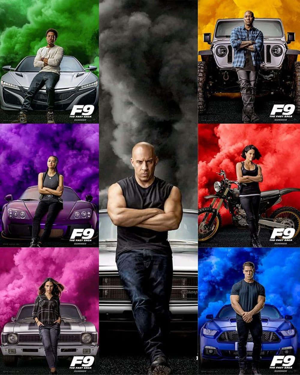 《F9》演員們與汽車和電單車一起在彩色煙霧背景前擺姿勢。