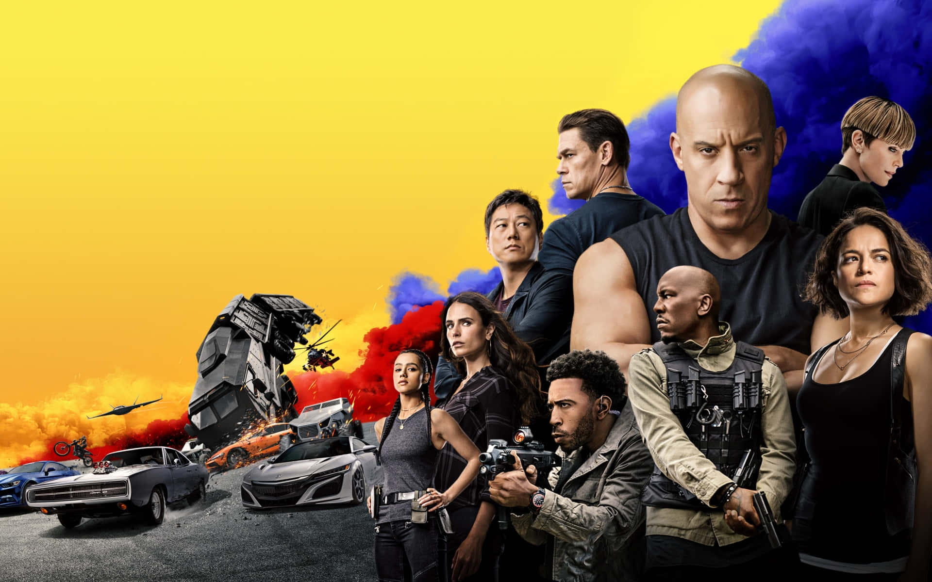 Furious 7 演員陣容與汽車和爆炸，背景為黃藍色。