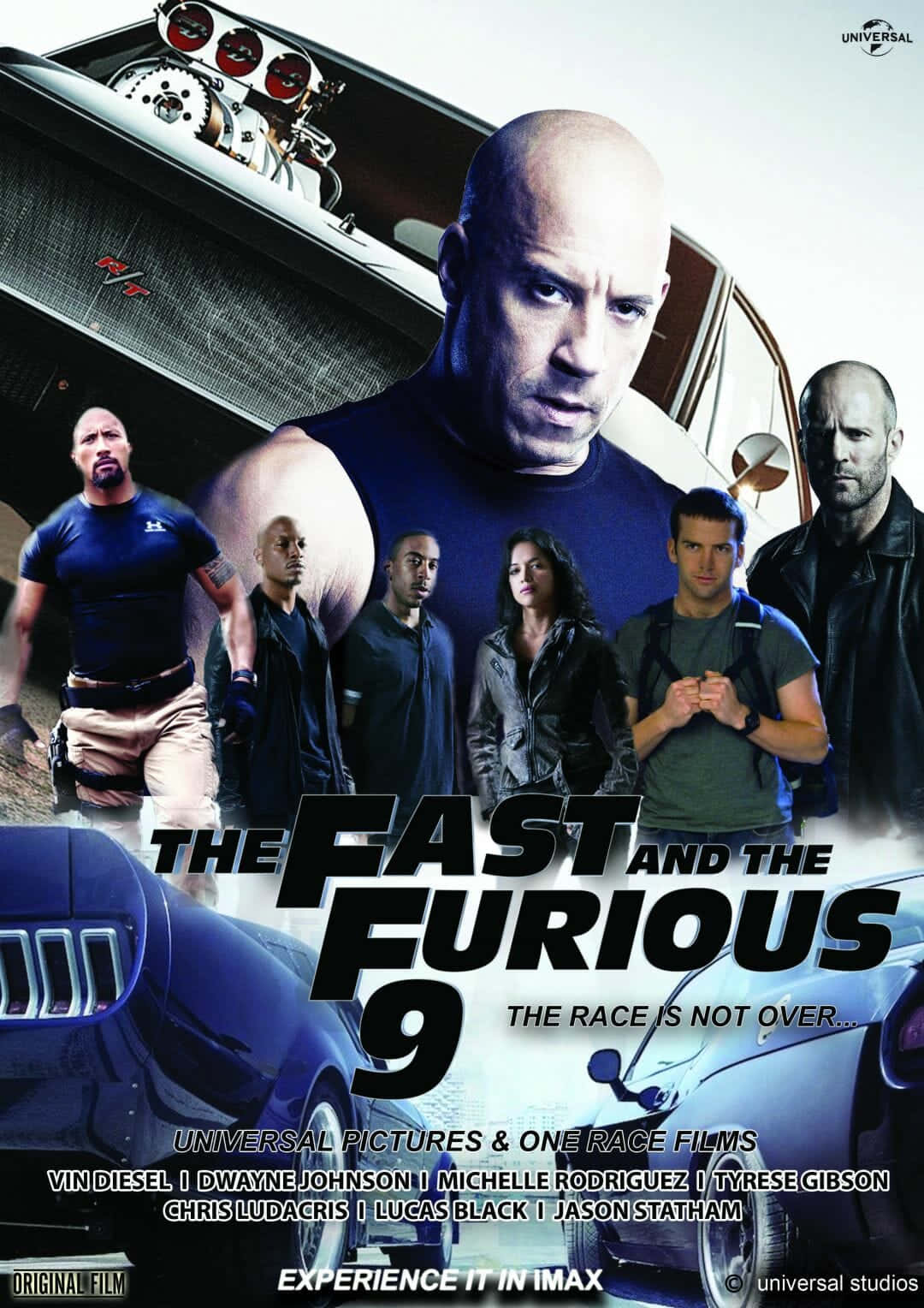 《Fast and Furious 9》電影海報，包含主要演員和賽車。