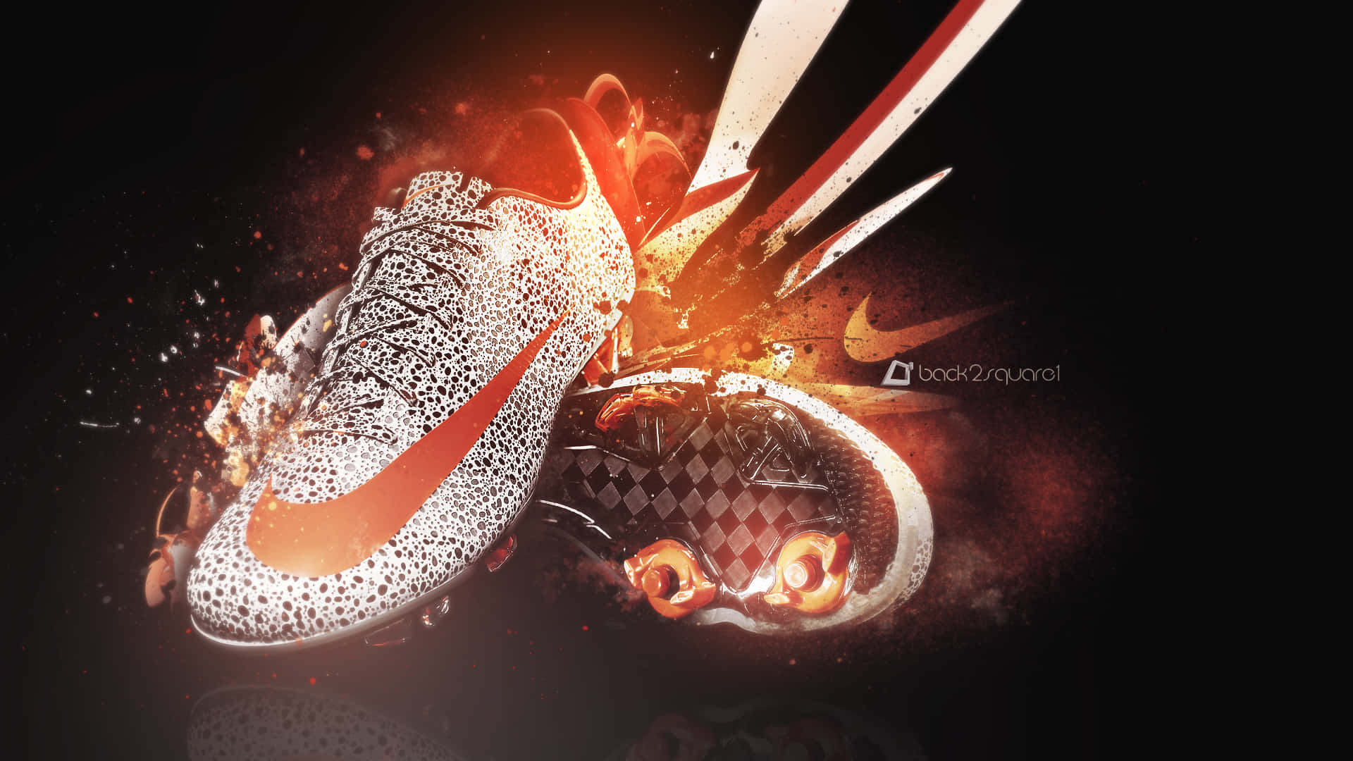 Nike足球靴在深色背景上爆出橙色火花