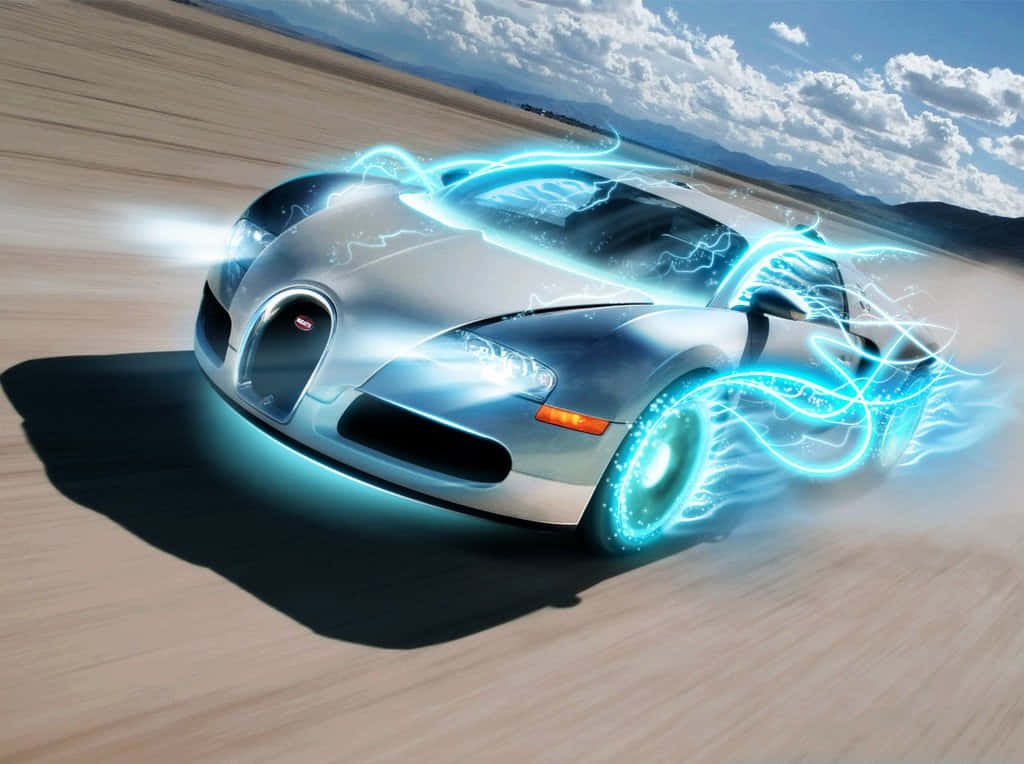 銀色Bugatti超級跑車在沙漠中疾馳，帶有藍色能量效果