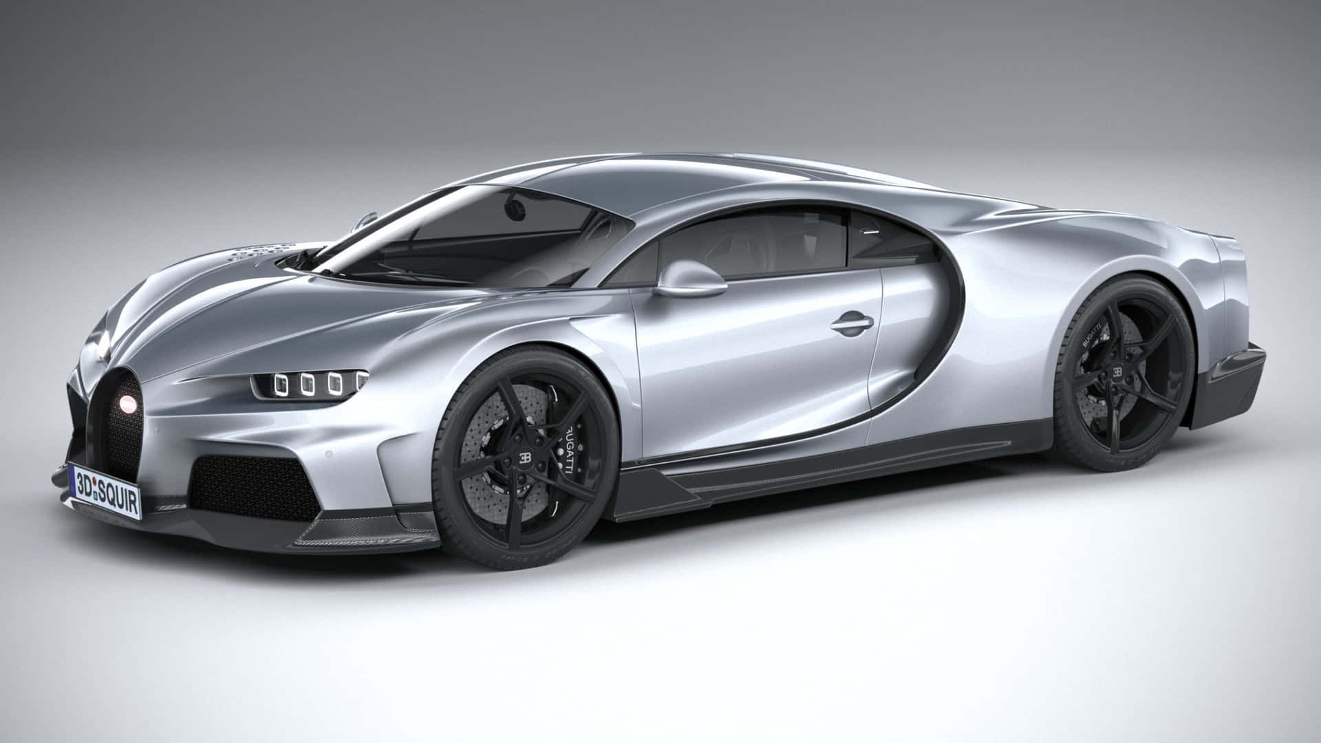 銀色Bugatti Chiron跑車，帶有黑色車輪和發光車頭燈，在工作室環境中。