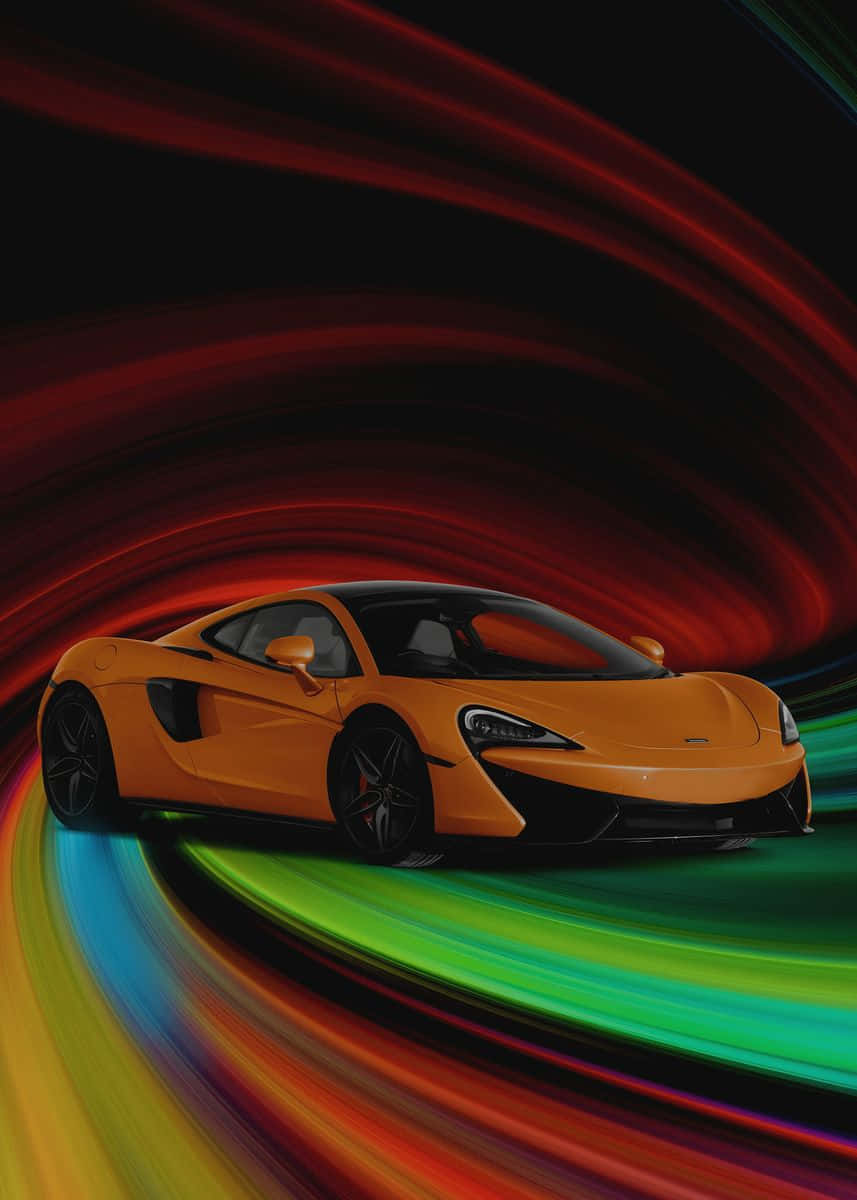 橙色McLaren在色彩繽紛的抽象光隧道中疾馳。