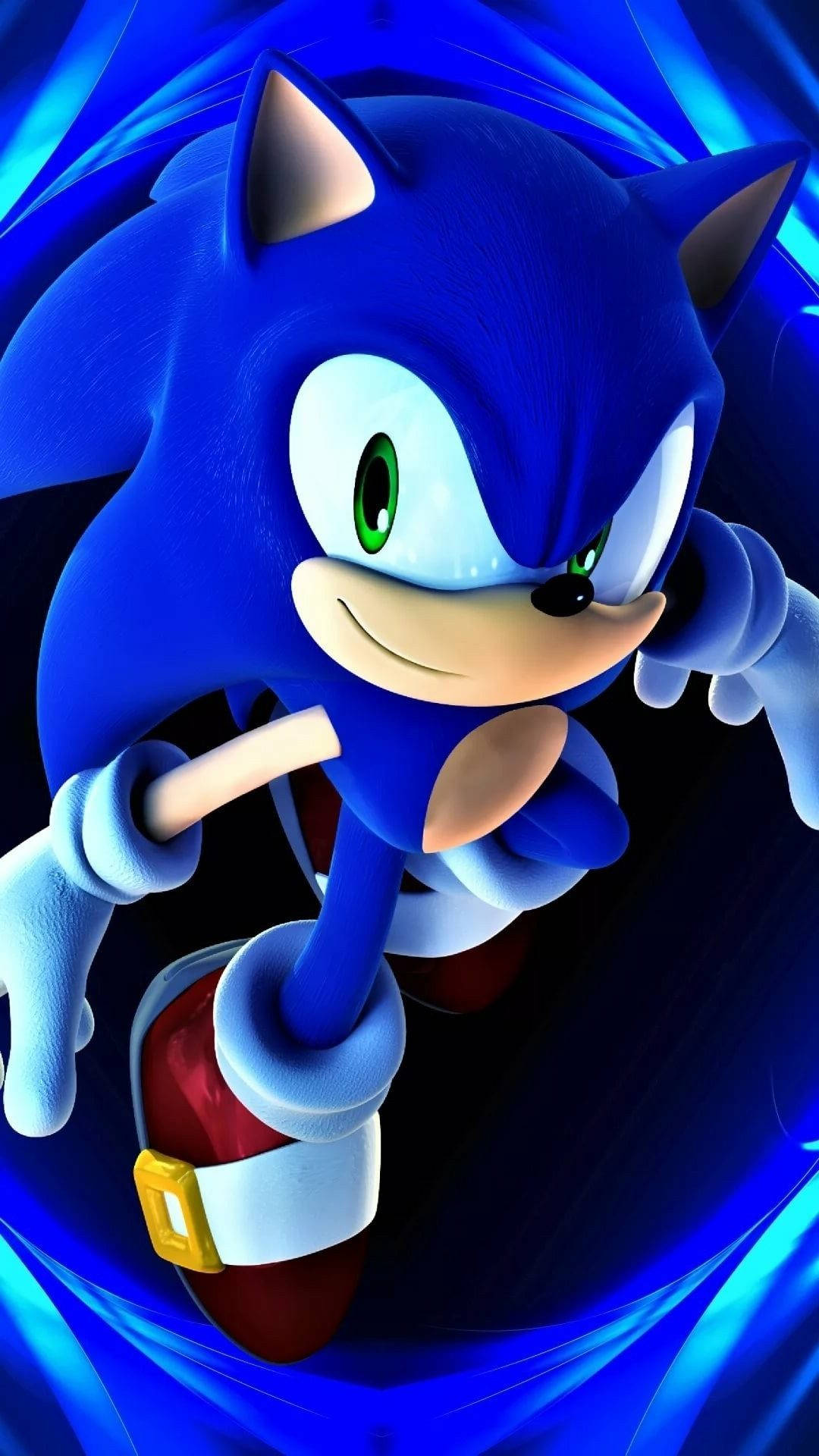 Sonic the Hedgehog 帶著堅定的表情，在藍色能量漩渦中奔跑。